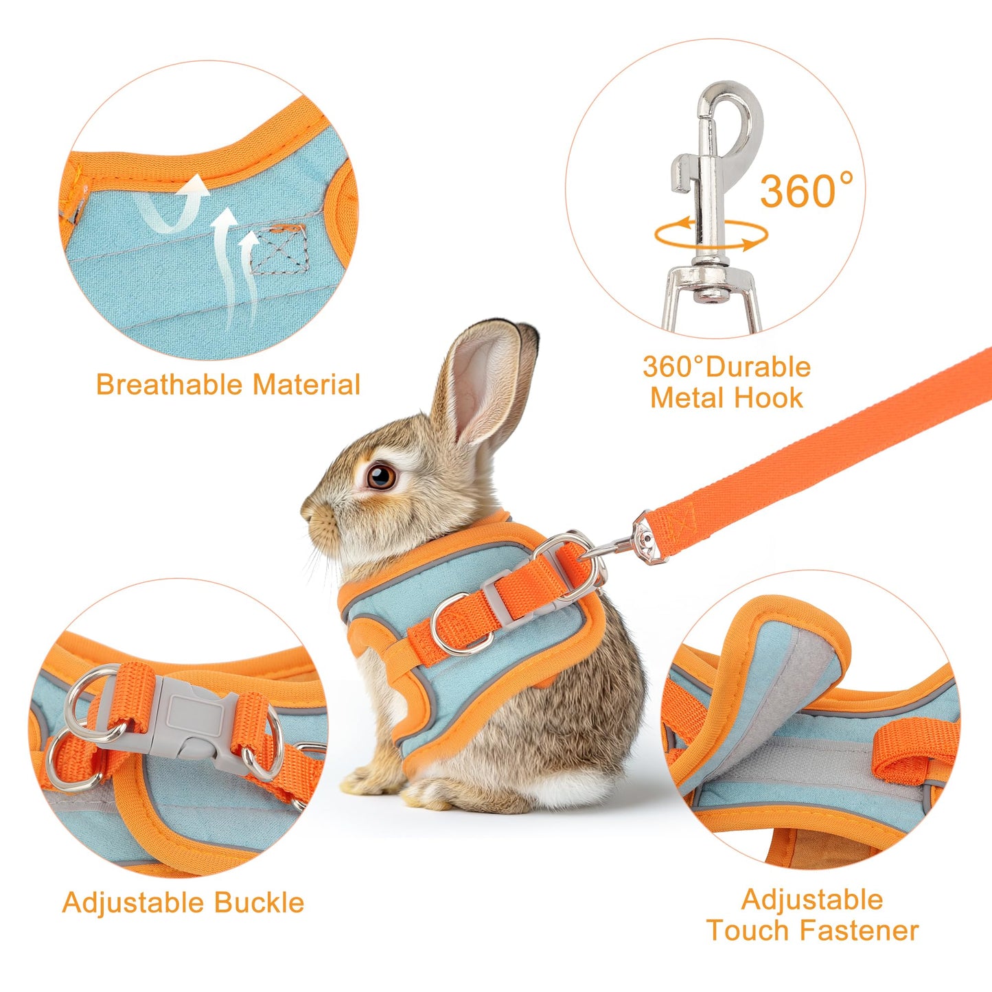 Filhome Adjustable Rabbit Harness and Leash Set Double Buckle with Reflective Strips Soft Bunny Breathable Vest Harness for Kitten Ferret Pig Puppy Small Animal Walking Accessories