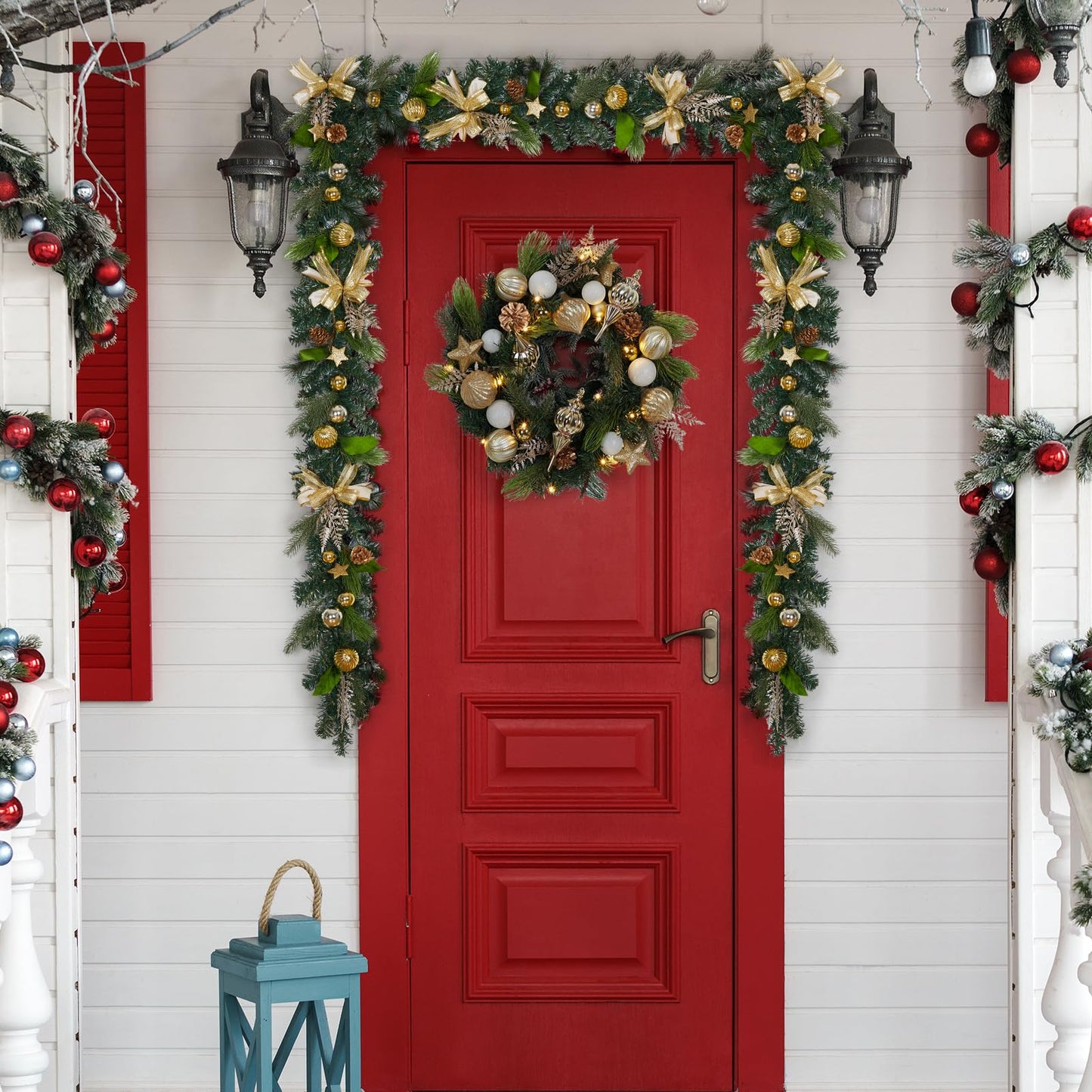 LinTimes 6 FT Pre-Lit Christmas Garland, Gold Lighted Xmas Garland with 20 LED Lights with Timer for Mantle Staircase Table, Winter Garland with Ribbon, Xmas Ball, Pine Cones, Star, Battery Operated