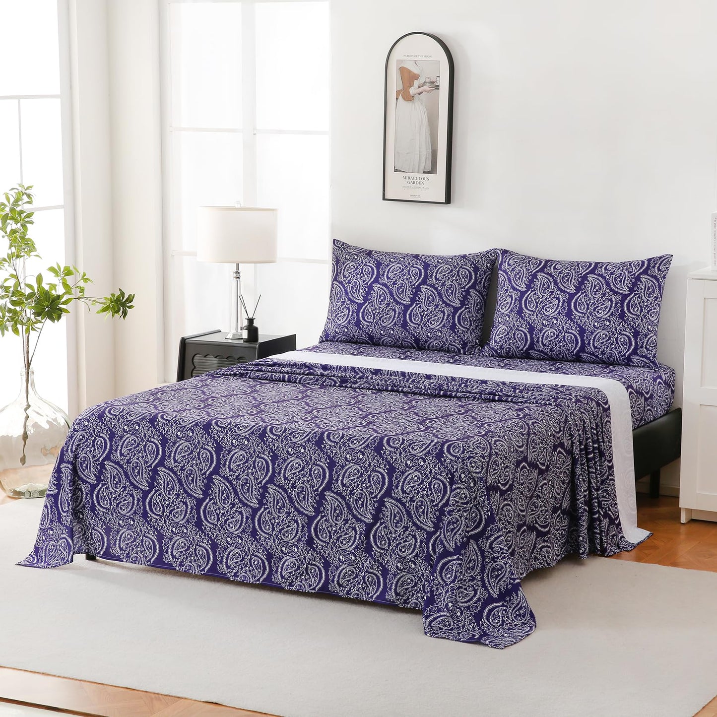 Yibeizi Queen Sheet Set Deep Pocket Queen Size Purple Paisley Bed Sheets Set, Floral Printed Soft Microfiber Oeko-Tex Sheets & Pillowcases Hypoallergenic Wrinkle Free Bedsheets