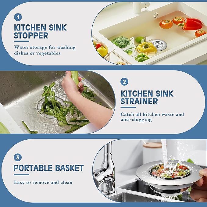 Kitchen Sink Drain Strainer 3 in 1, 304 Stainless Steel Pop Up Sink Stopper