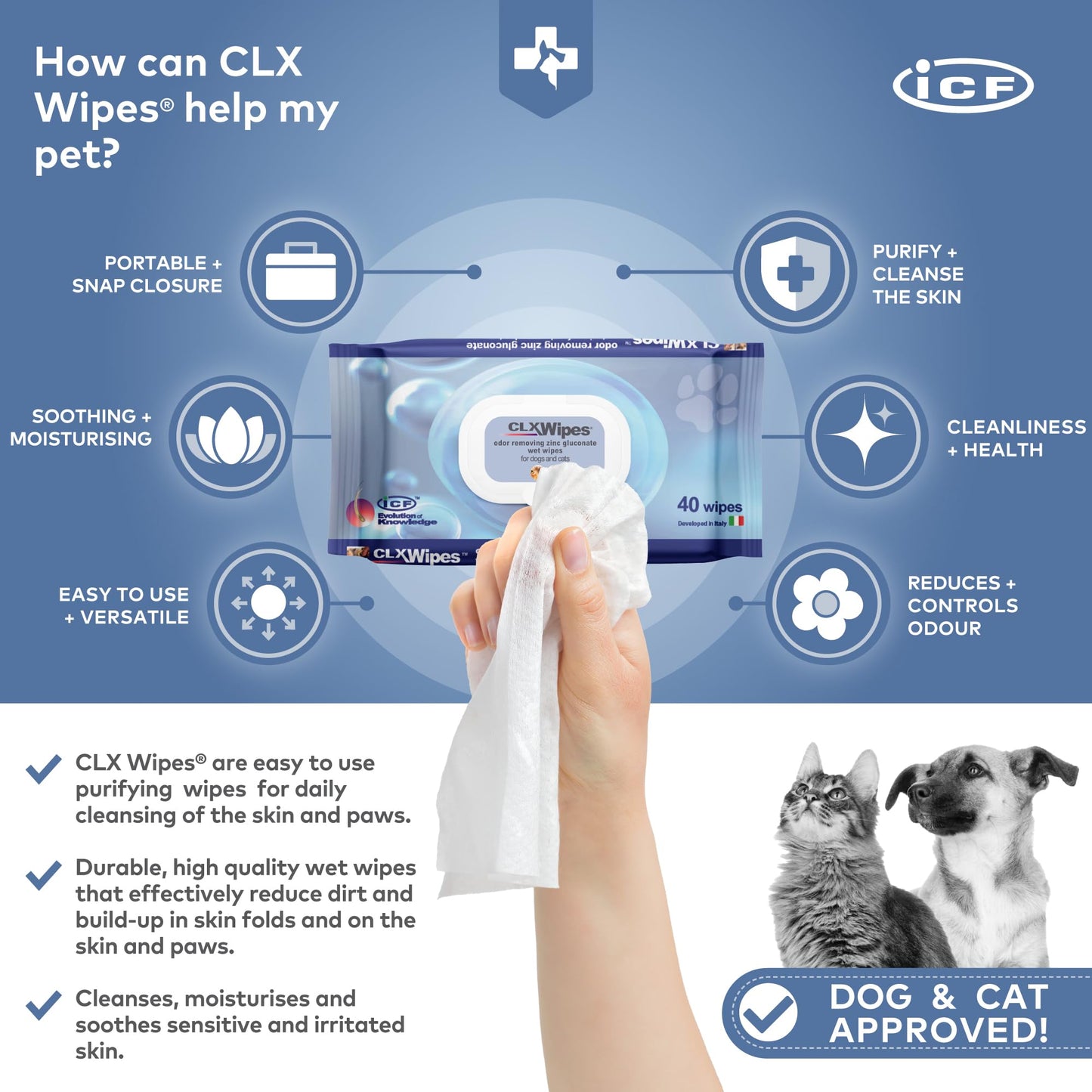 ICF | CLX Cat & Dog Wipes | Antibacterial & Antifungal Cleansing Wipes for Paws, Skin Folds & Ears | Supports Healthy Skin & Odor Control | 40 Count