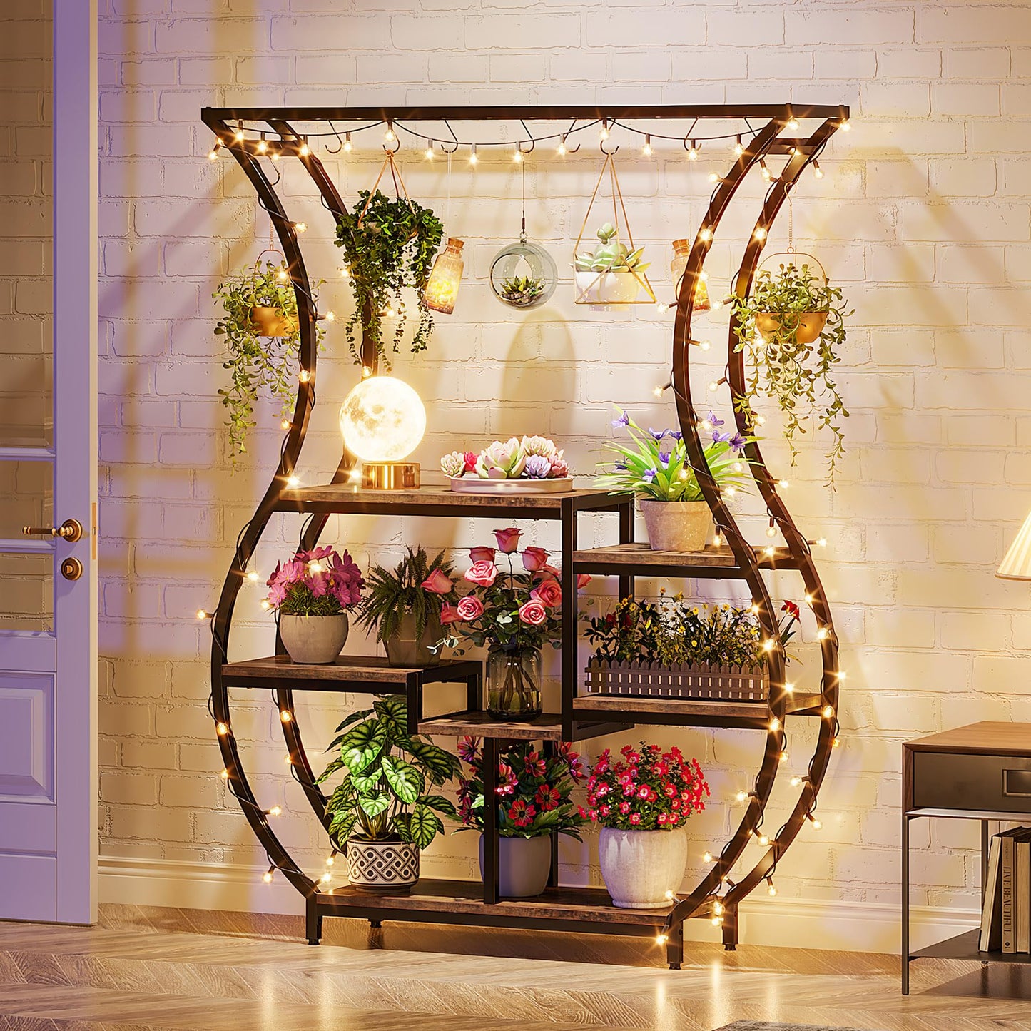 Tribesigns 6-Tier Plant Stand, 70.9 Inch Tall Plant Shelf with 10 Hanging Hooks, Vase Shape Ladder Plant Stand, Multi-Purpose Plant Display Rack for Indoor, Balcony, Living Room, Brown and Black