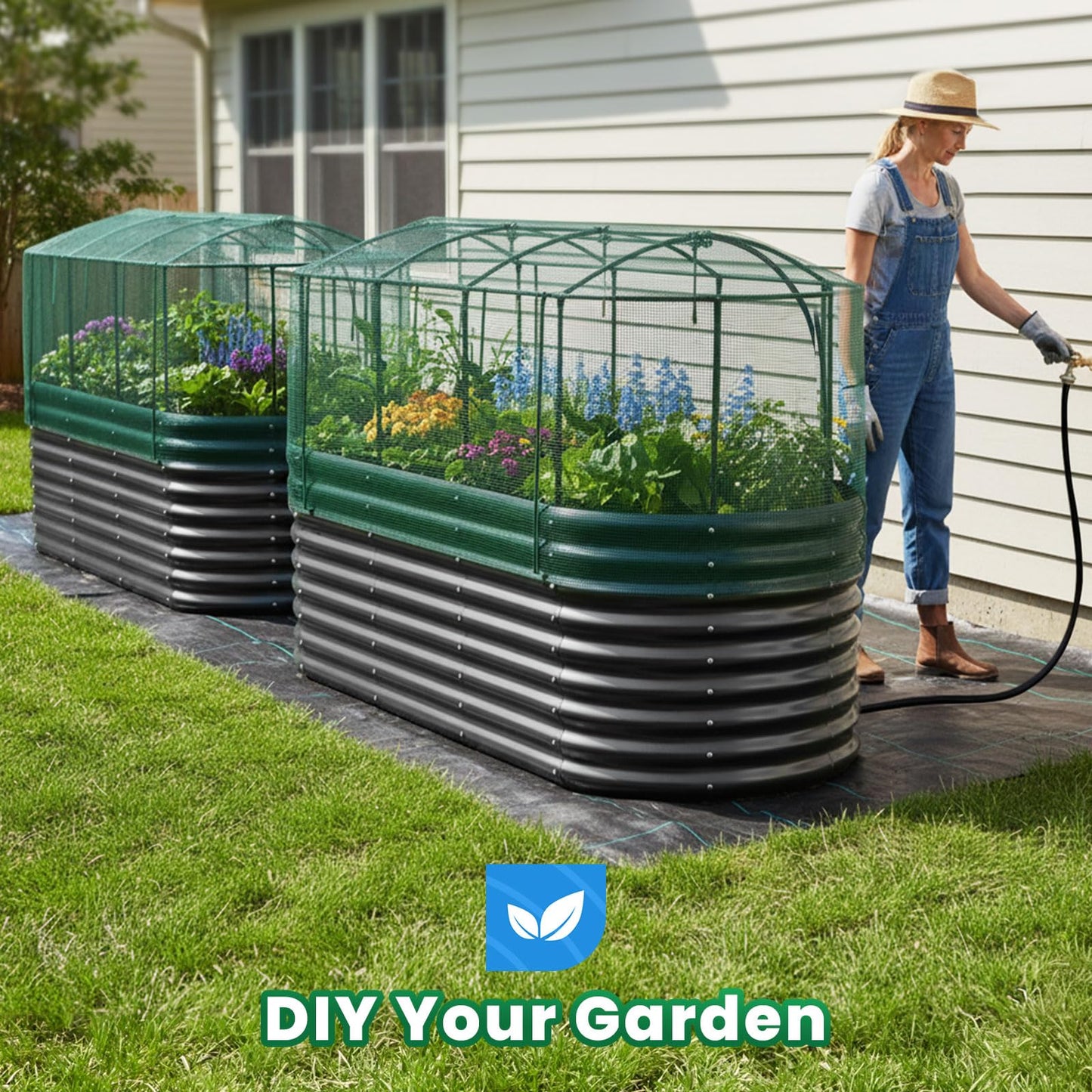 Quictent Galvanized Raised Garden Bed Kit with Self Watering System and Mesh Cover, Large Oval Metal Outdoor Planter Garden Boxes for Vegetables Herbs Flowers, 8x3x2Ft