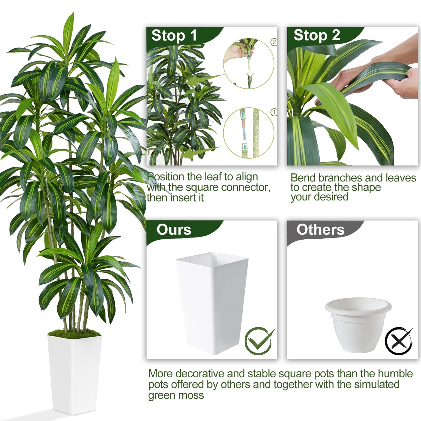 ZEEOZE Dracaena Plant Artificial Tree 7Ft Tall Fake Tropical Floor Plants Potted (Real Touch) Artificial Silk Tree Leaf Faux Trees White Tall Planter for Home Office Living Room Indoor Outdoor Decor