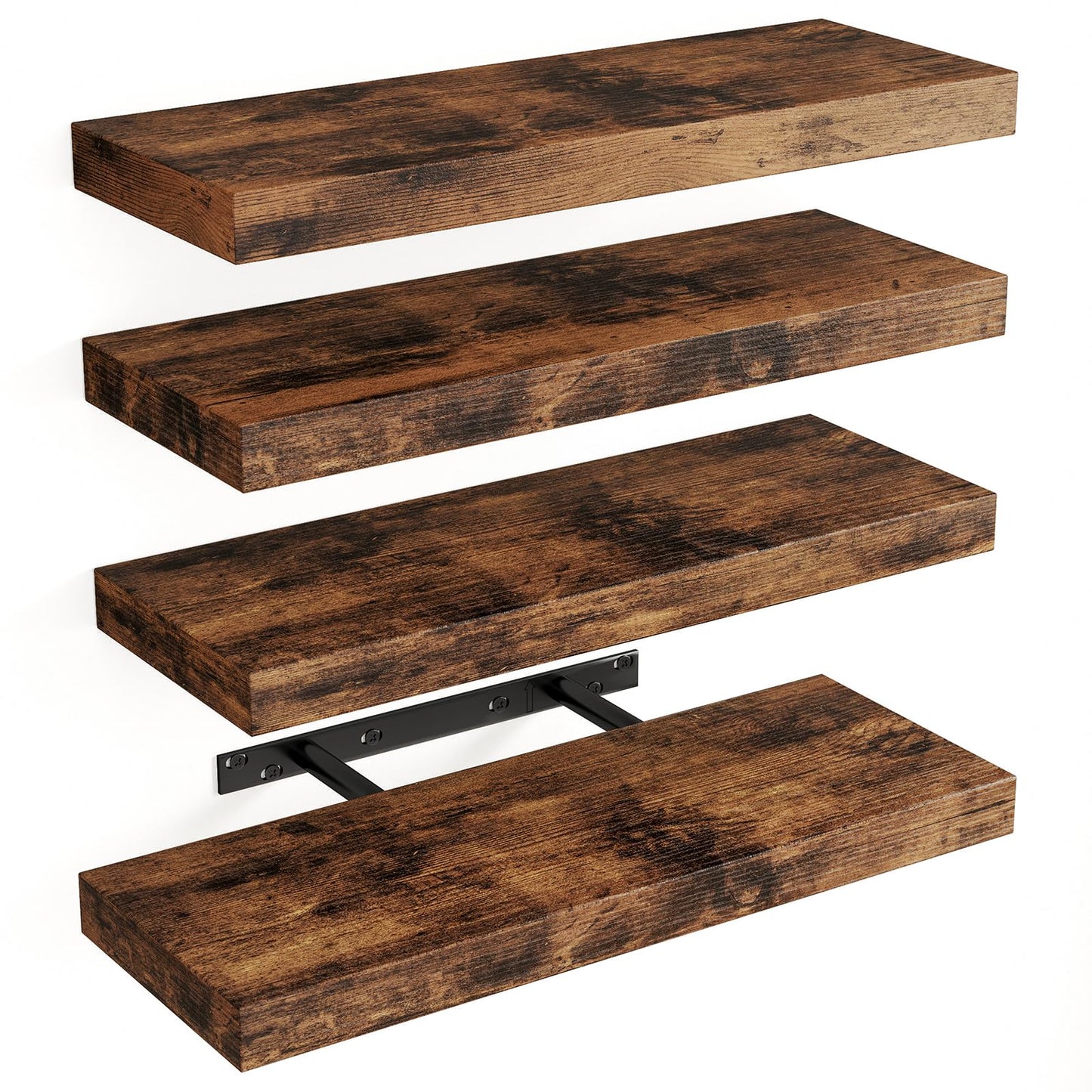Fixwal 15.8in Floating Shelves, Rustic Wood Finish Wall Shelves Set of 4, Shelves for Wall Decor, with Invisible Brackets for Bathroom, Living Room,Bedroom and Kitchen(Rustic Brown)