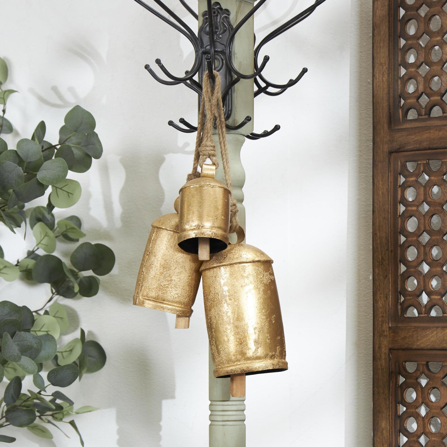 Deco 79 Gold Metal Tibetan Inspired Decorative Giant XL Cow Bells with Jute Hanging Rope, Set of 3 10",8",6"H - Cylindrical