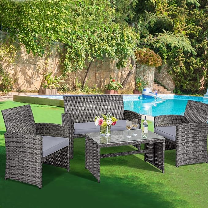 Tangkula 4 Pieces Patio Wicker Conversation Furniture Set, Patiojoy Sofa &