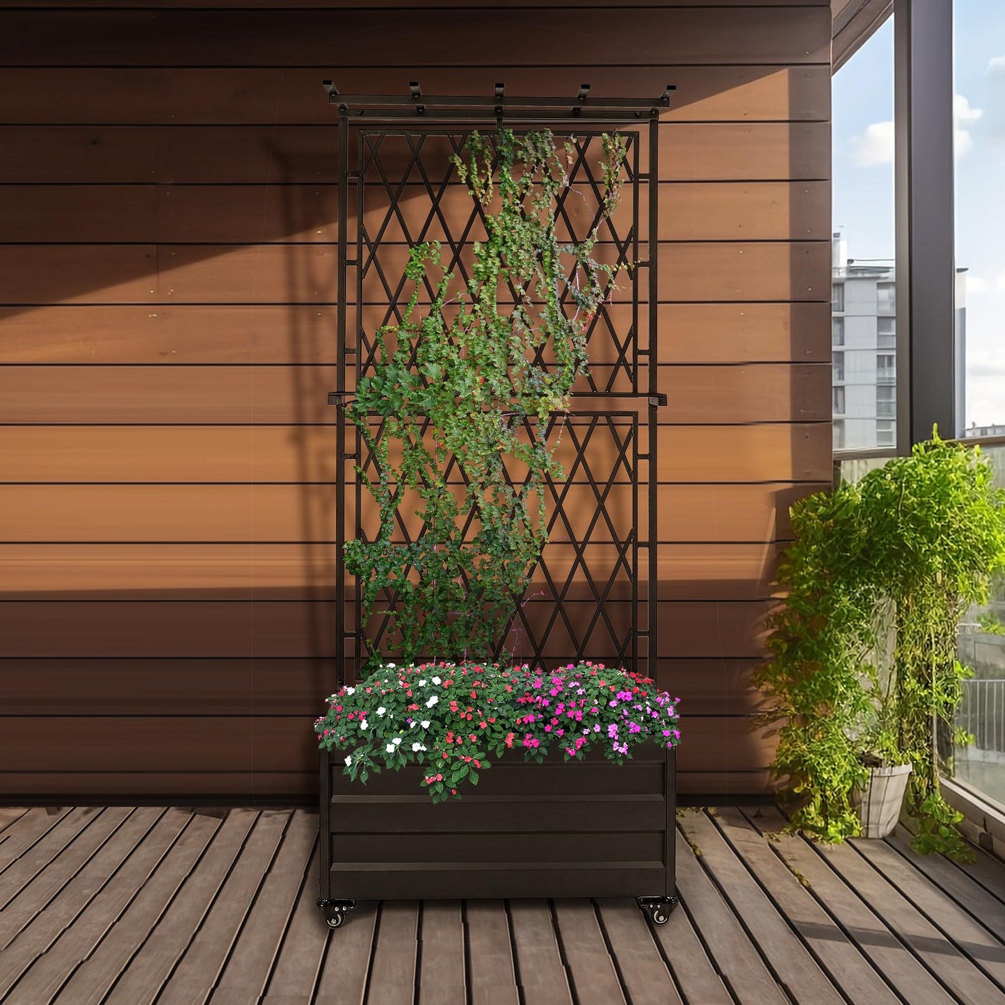 Stonehomy Metal Planter Box with Lattice Trellis and Wheels, 70 inches Tall Heavy Duty Planter Box & Raised Garden Bed with Trellis for Climbing Plants Flowers with Drainage Holes, 30Lx12Wx70H, 2Pack
