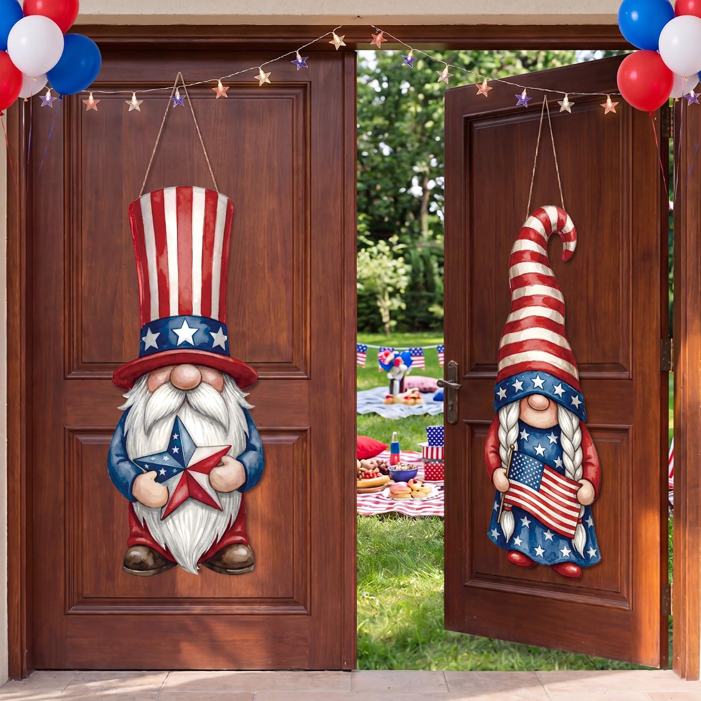 Thyle 2 Pcs Large Patriotic Gnomes Hanging Sign 32.3 x 12.2 Inch 4th of July Wooden Front Door Decorations Gnomes Wood Porch Sign for Independence Day 250th Anniversary Door Hanger