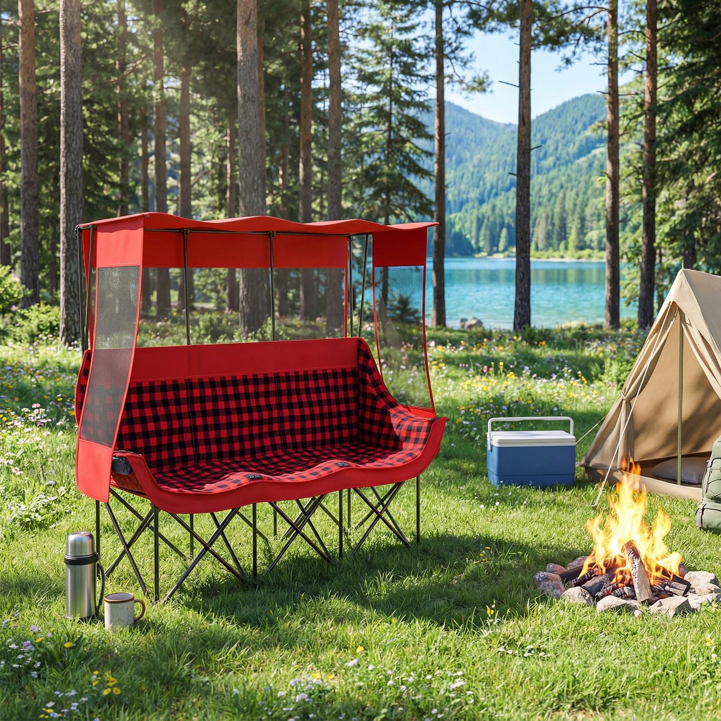 Teenyyou 3 Person Camping Chair with Canopy – Ultimate UV Sun Protection, 700lbs Heavy Duty Oversized Beach Chair, Foldable Portable Sofa with Cup Holder & Storage for Beach Lawn Outdoor(Red Black)