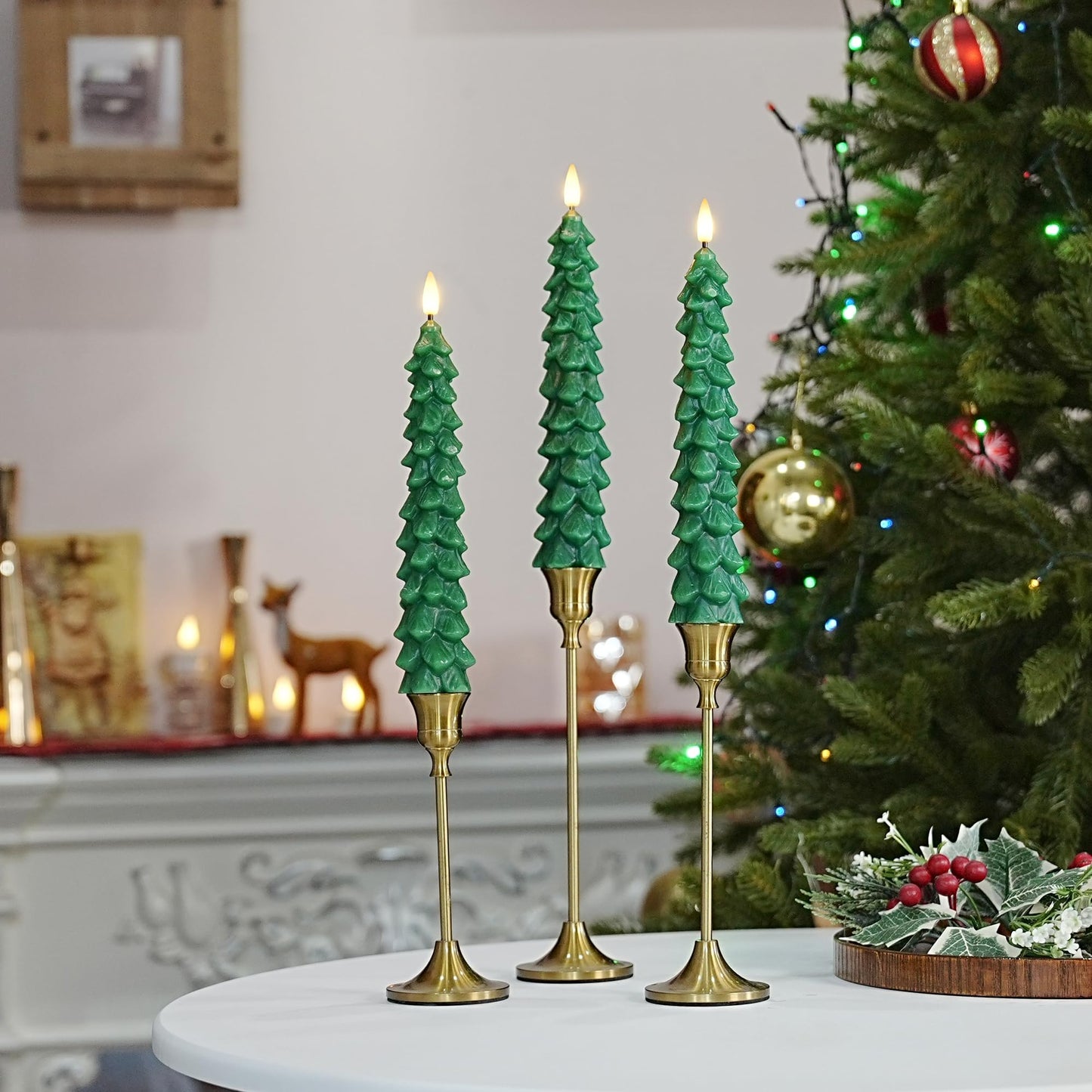 yunsheng 3Pcs Christmas Tree Candles with Remote Timer, Green Real Wax Flameless Taper Candles Flickering, 9.5 Inches Battery Operated LED Window Candle for Home Holiday Decor