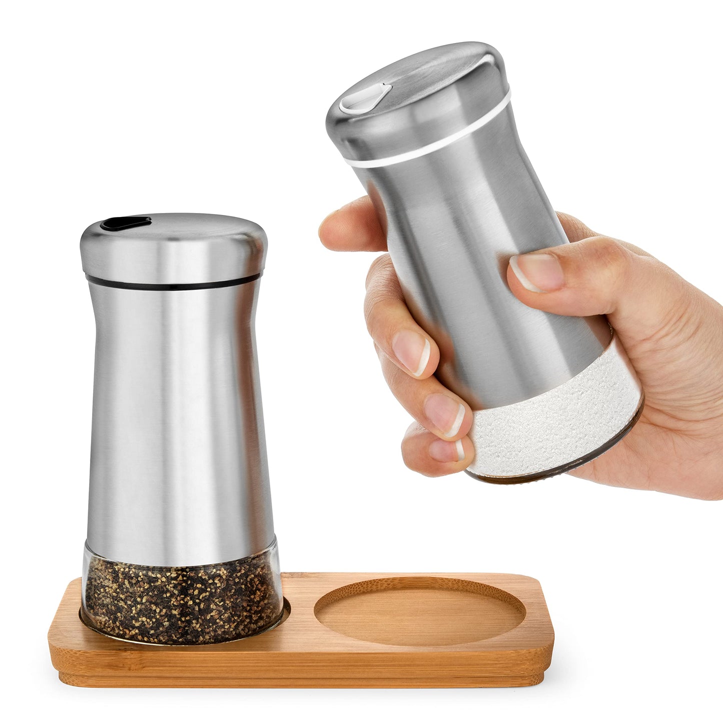 Salt and Pepper Shakers set with Adjustable Pour Holes - Elegant Stainless Steel Spice Dispenser - Perfect for Himalayan, Table Salt, White and Black Pepper (Salt & Pepper Shakers Set + Bamboo Stand)