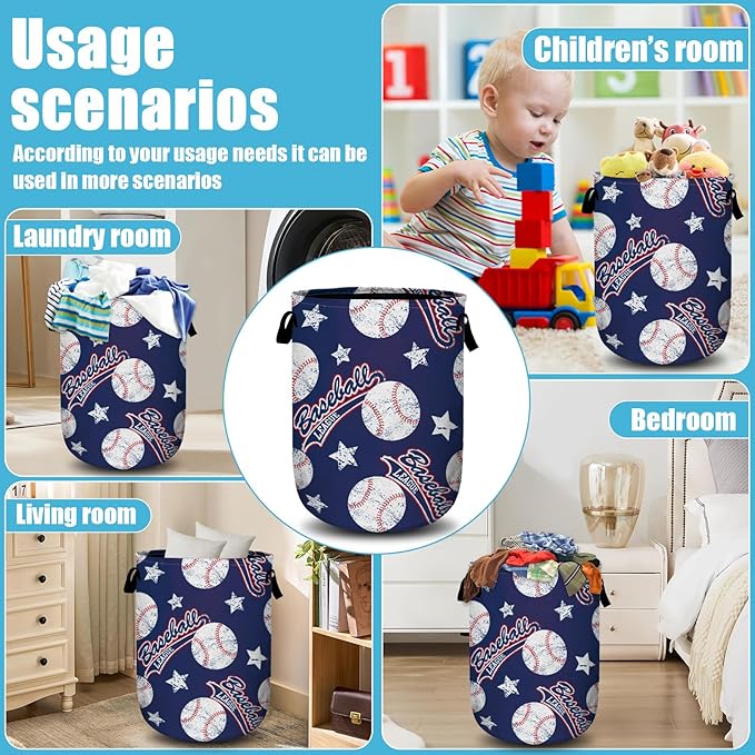 Baseballs and Stars Laundry Basket, Laundry Hamper Collapsible Oxford Cloth