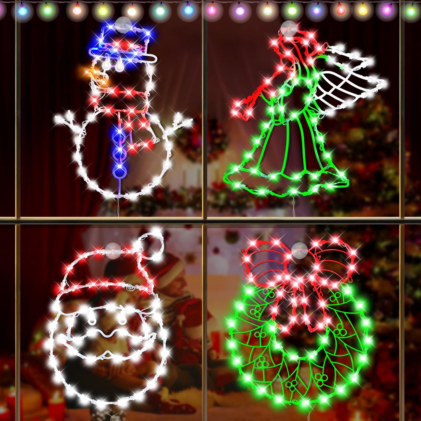 4 Pack Christmas Window Silhouette Lights Decorations, Santa Claus, Wreath, Angel, Snow Man Christmas Window Light with Battery Powered for Holiday Wall Door Window Decorations