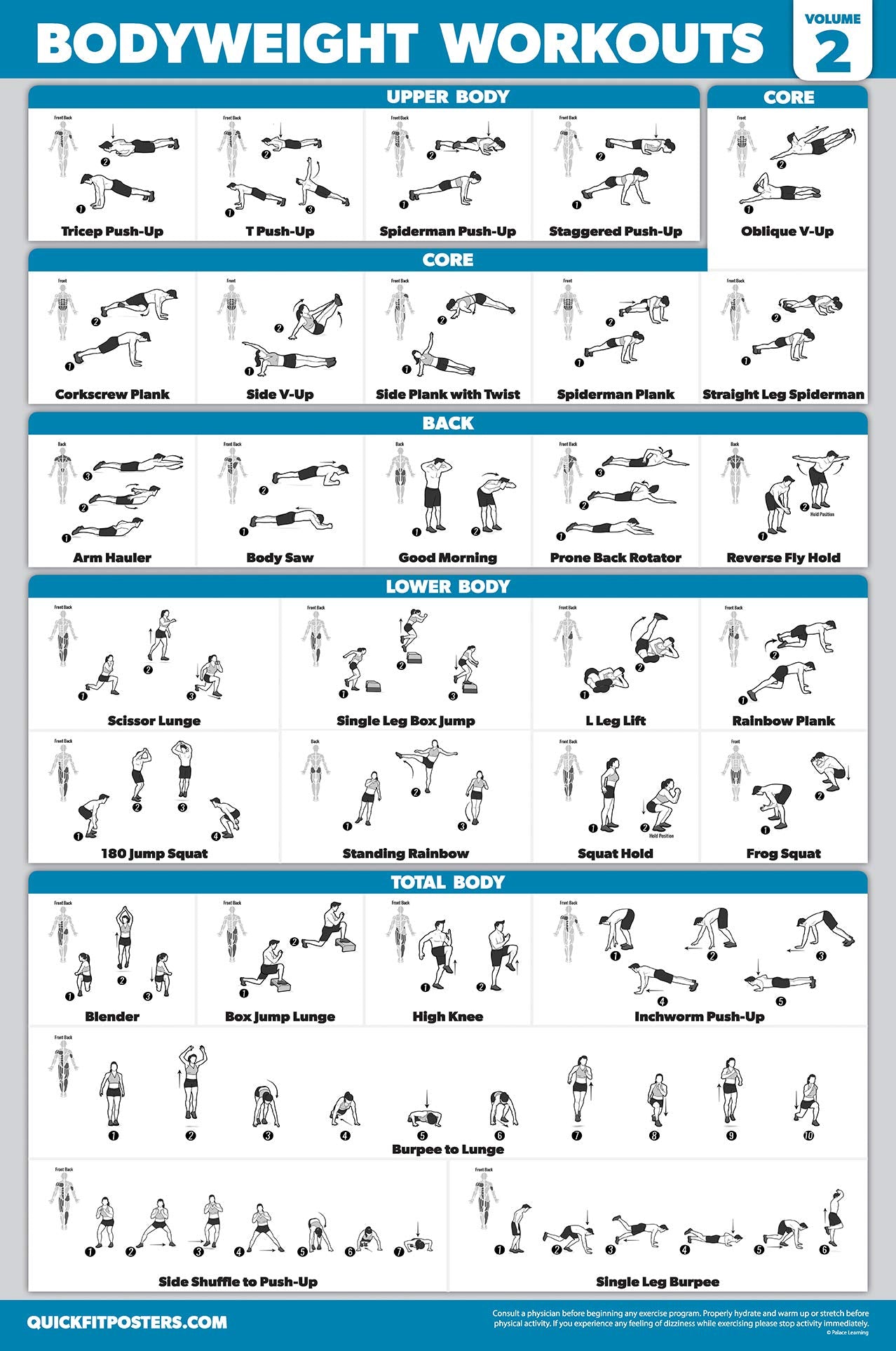 Palace Learning 4 Pack - Cable Machine Workout Posters Volume 1 & 2 + Bodyweight Exercises Chart Volume 1 & 2 (LAMINATED, 18" x 24")