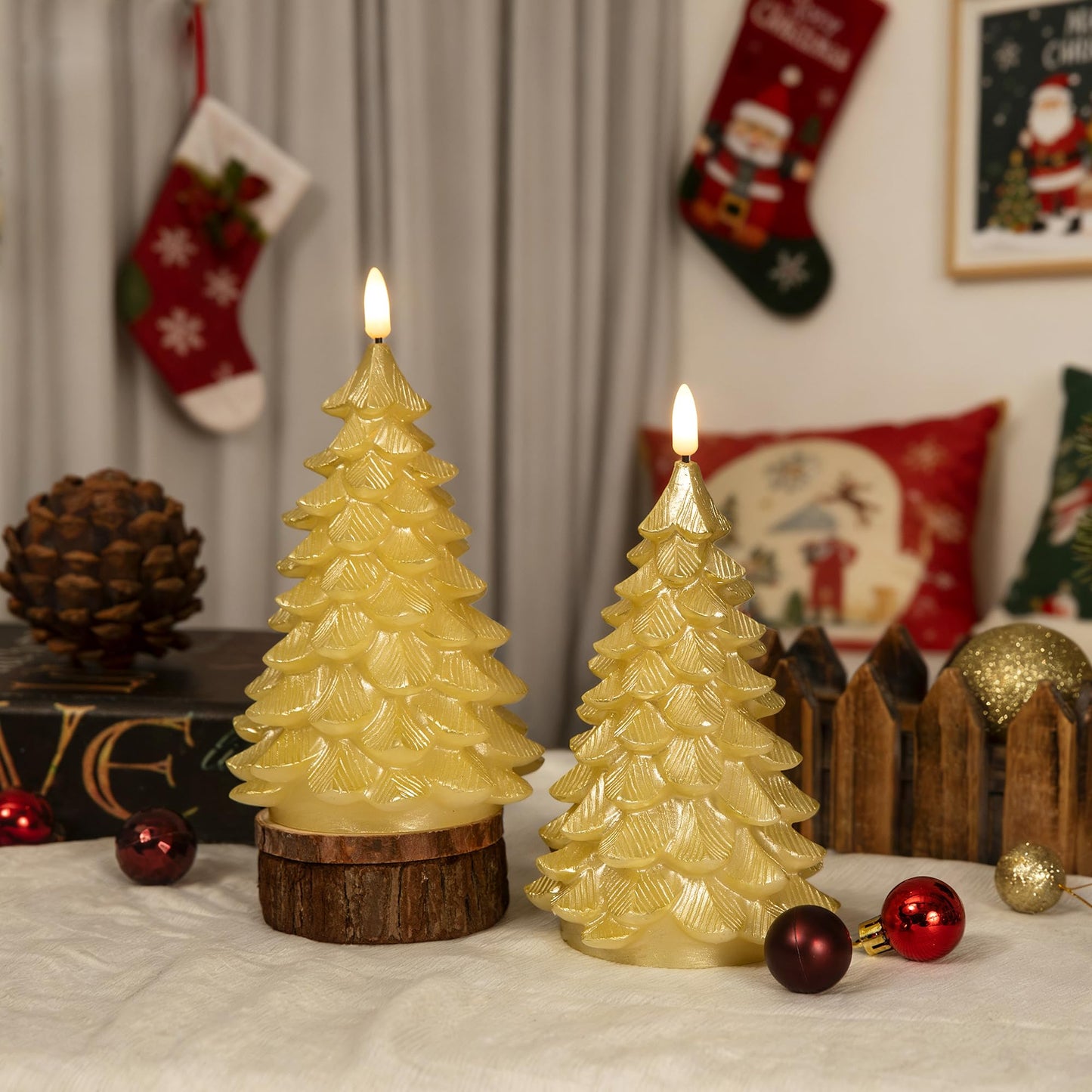 LUSHARBOR Flameless Candles with Remote Timer, 2 Pack Christmas Tree Candles Battery Operated LED Candles Real Wax Holiday Christmas Decoration for Bedroom Party Festival Gift Gold