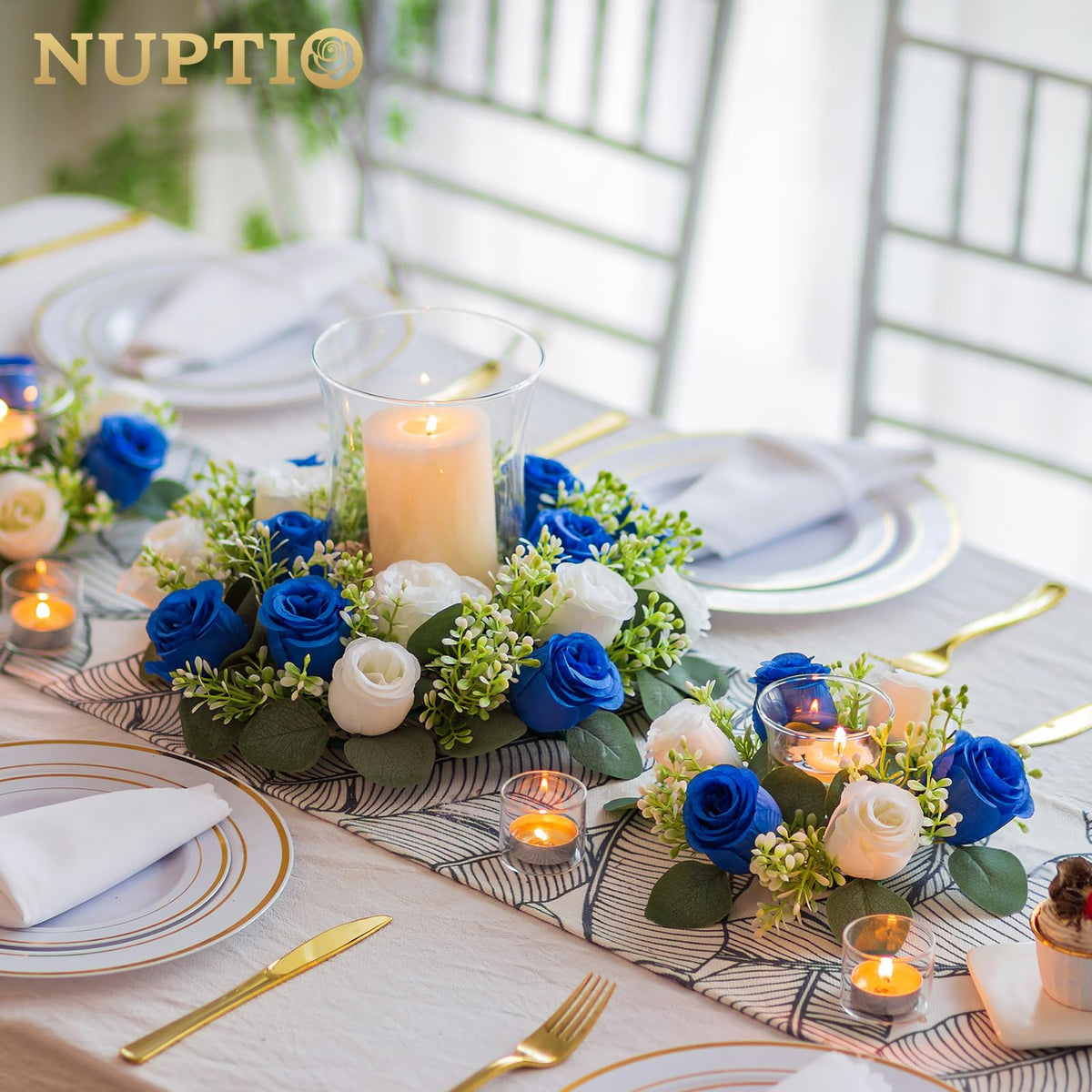 NUPTIO Small Wreath for Table Centerpieces: 9.05 Inch Royal Blue & White Flower Candle Rings for Wedding Party Christmas - Rose Wreaths for Spring Summer Front Door Porch Decor 6 Pcs