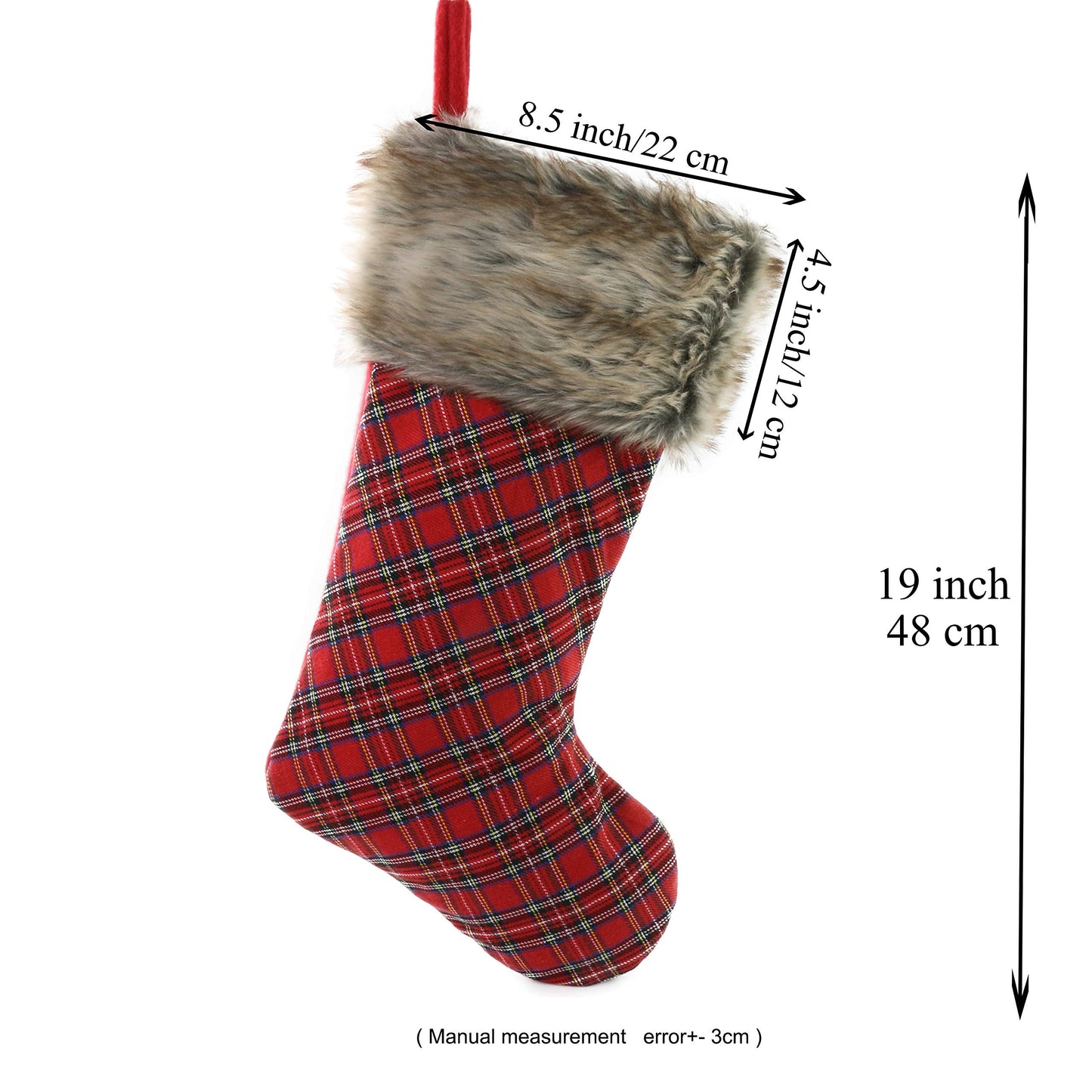 WEWILL 19'' 3 PCS Buffalo Plaid Christmas Stocking Decoration with Faux Fur Cuff Themed with Xmas Holiday Party Fireplace Decor Gifts for Family