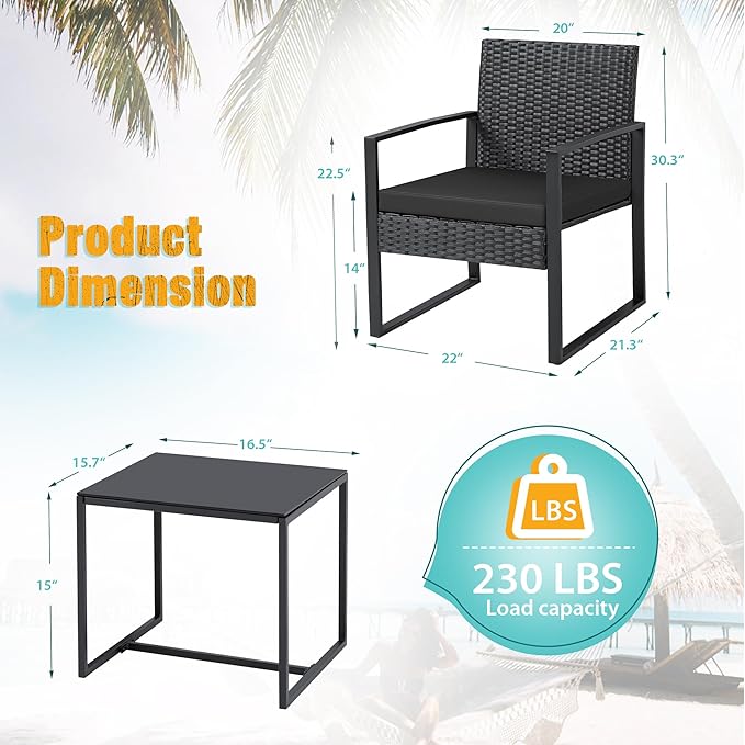 Flamaker 3 Pieces Outdoor Patio Wicker Furniture Set, Modern Rattan Chair Conversation Sets with Coffee Table for Yard and Bistro (Black)