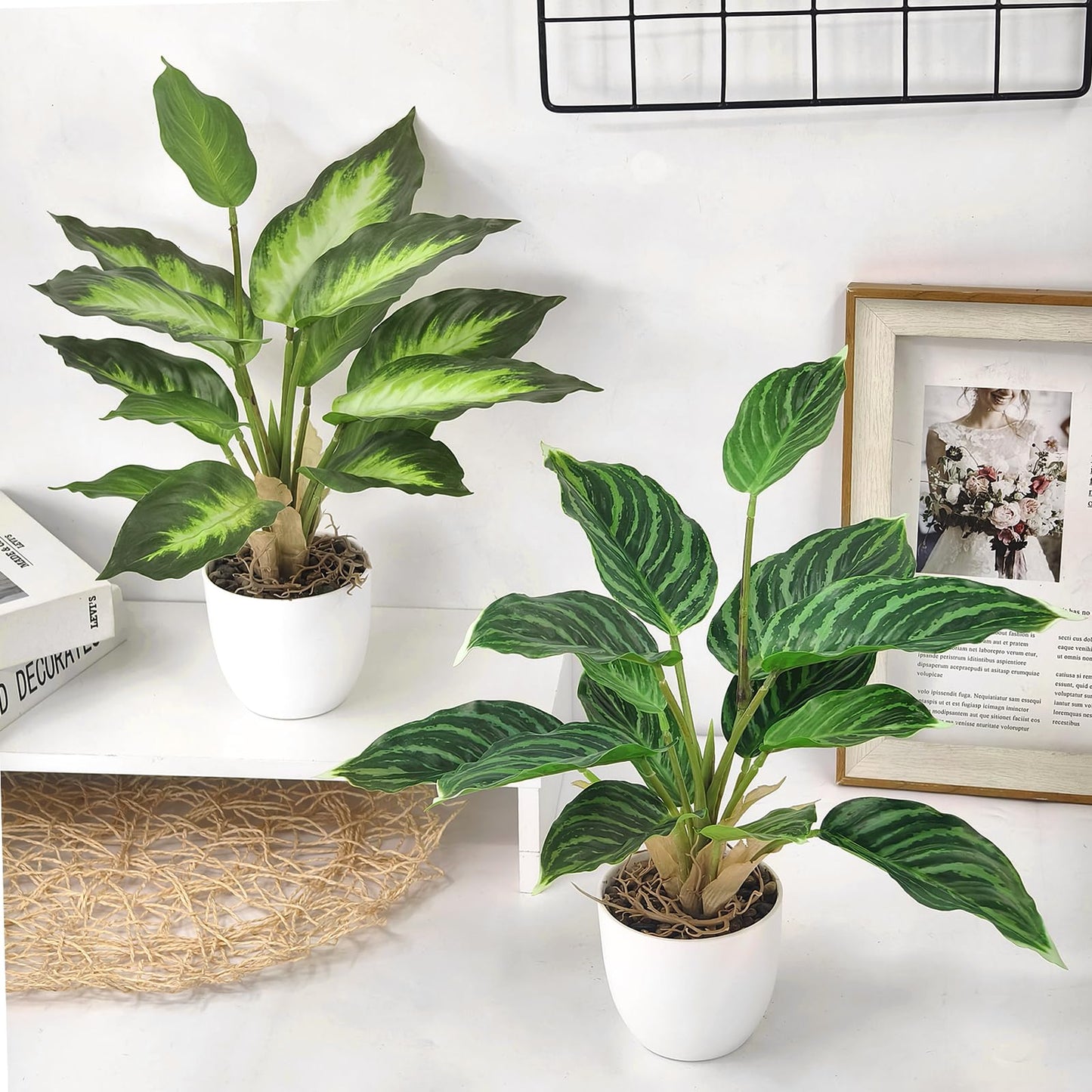 VUAHAUL 2 Pack Artificial Potted Plants, 16" Fake Plants Indoor in White Pots for Home Bathroom, Office Desk, Shelf - Realistic Faux Greenery Desk for Living Room, Kitchen, Farmhouse Decor