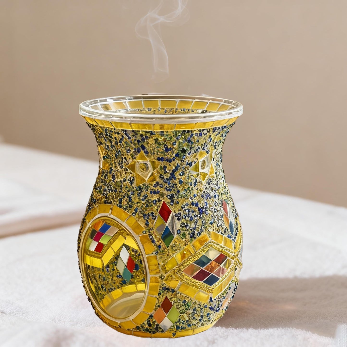 Maimeili Mosaic Glass Romantic Oil Burner Tealight Candle Holder Fragrance Warmer Incense Aroma Diffuser for Wedding Christmas Home Table Decor