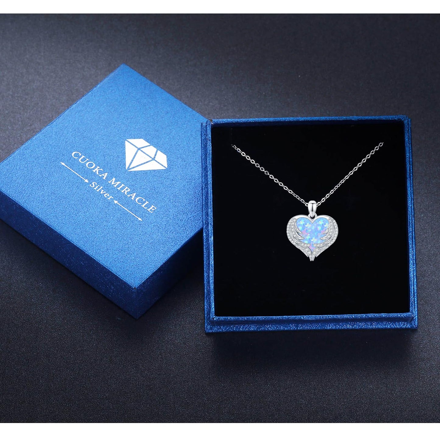 CUOKA MIRACLE Angel Wings Necklace Blue Opal Heart Necklace 925 Sterling Silver Necklace for Women Guardian Angel Wings Pendant Necklace Dainty Opal Jewelry for Women Mom Birthday Gifts