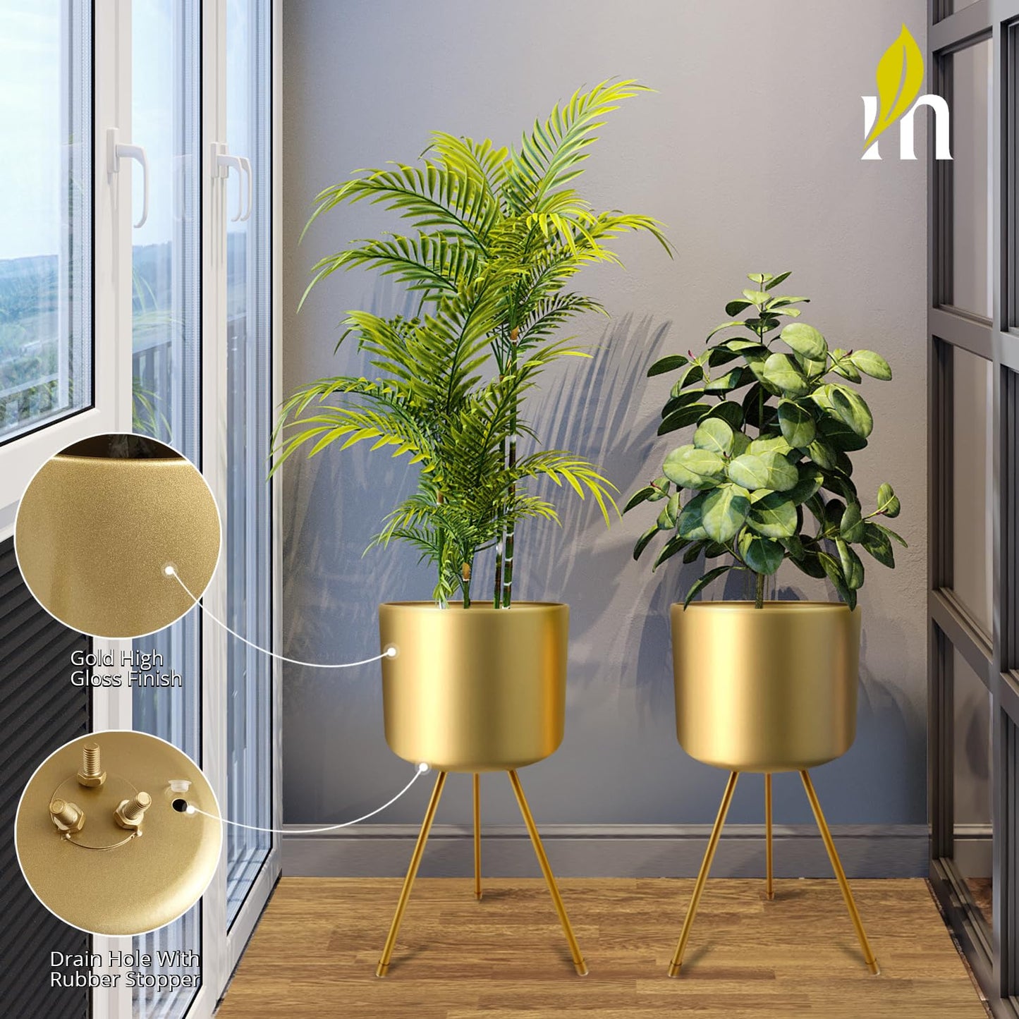 magarz Mid-Century Metal Flowerpot with Stands, Stylish Modern Floor-Standing Flowerpot,Suitable for Orchid, Aloe Indoor Outdoor Decoration 11'' Wide 21.7'' high (X-Large, Gold)