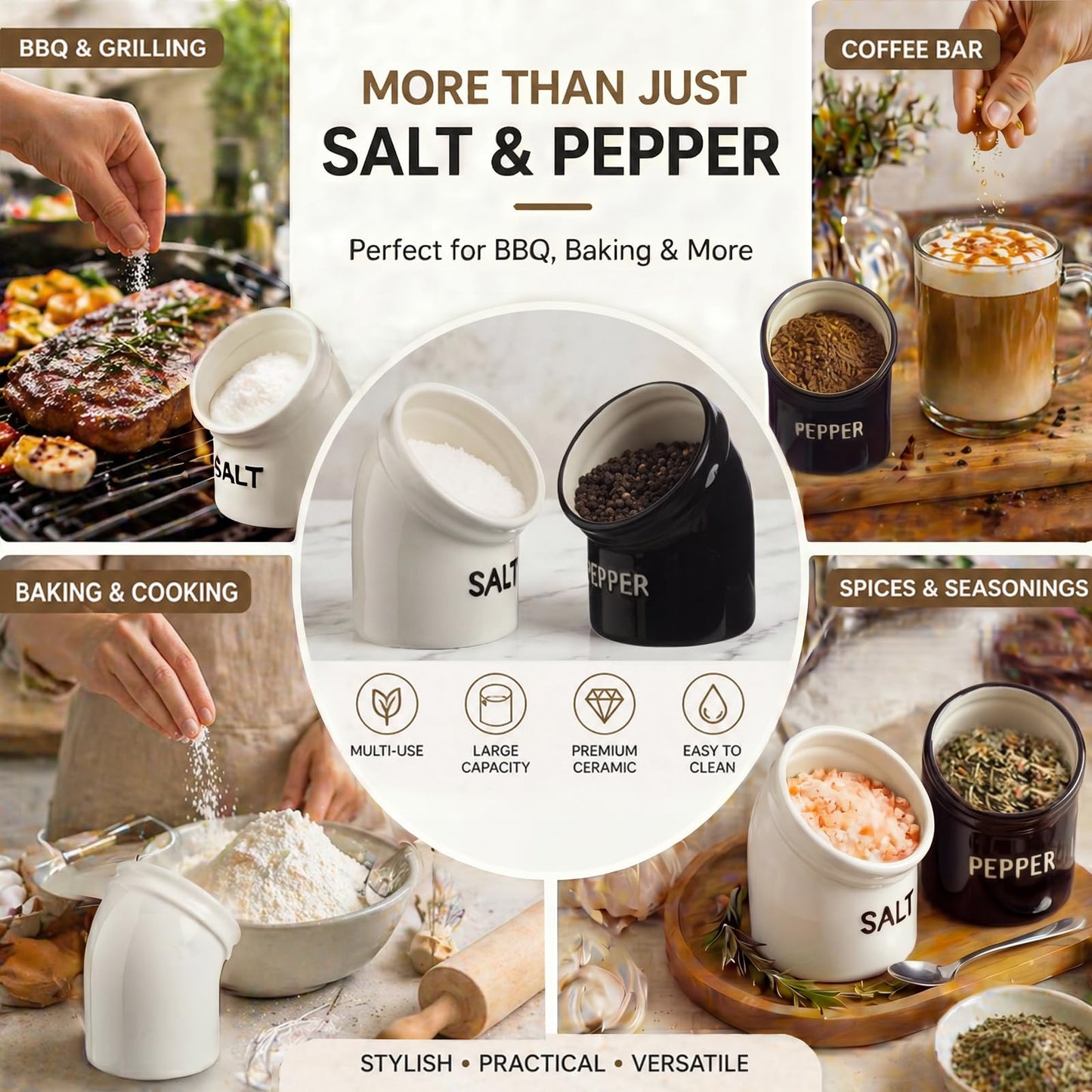 2 Pcs 12 oz Ceramic Salt Pig and Pepper Crock Wide Caliber Salt Pig Pepper Spice Jar Easy Access Containers for for One-hand Use Kitchen Countertop Spices Decor