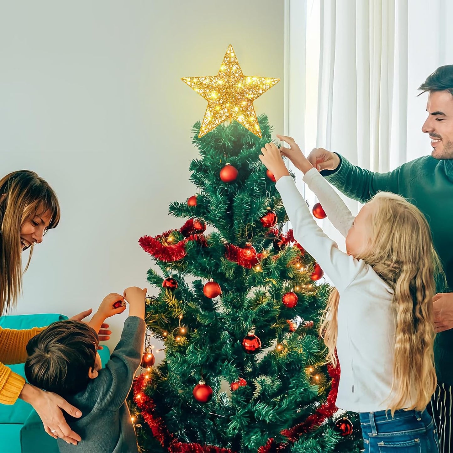 8 inch Christmas Tree Toppers Gold Glitter Star Metal Lighted with 20 LED Lights for Xmas Decorations, Holiday Party Indoor Bar Office Decor