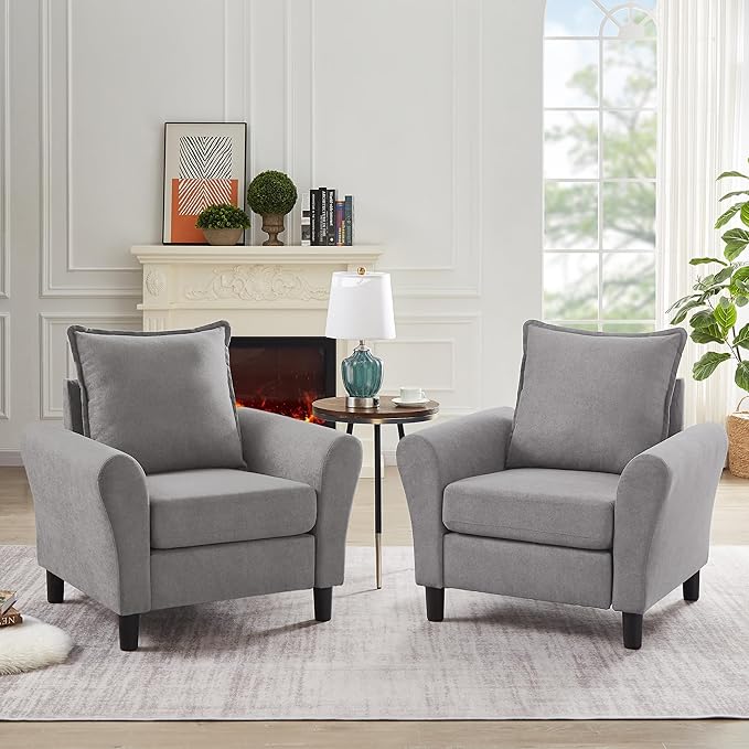 Mid-Century Accent Chairs Set of 2, Modern Linen Fabric Armchair
