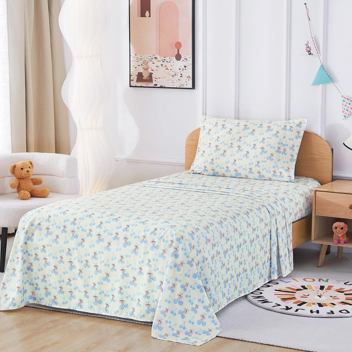 lasoftan Kids Sheet Set Twin Size, Twin Sheet Set with Blue Cherry Pattern,Breathable Silky Soft Microfiber Kids Fitted Sheet