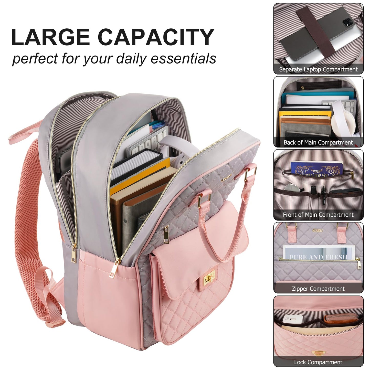 RJEU Laptop Backpack Women 15.6in,Anti-theft Rucksack Handbag for Work Travel Cabin,Smart School Backpack Girls College Bag for Office Uni Commuting,Gifts for Ladies,Black