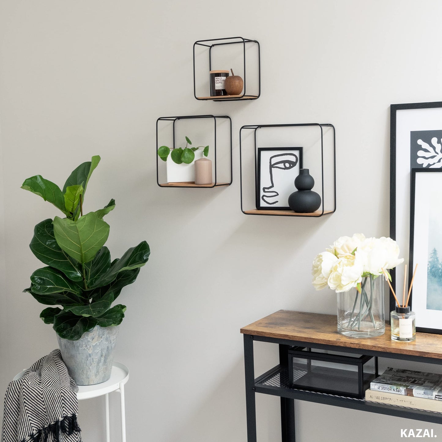 Kazai. Wall Shelves -Jona- | 3-Part Shelving Unit made of Metal and Real Wood Veneer | Wall Decor, Storage and Book Shelf for Bathroom, Living Room, Kitchen, Bedroom and More | Oak