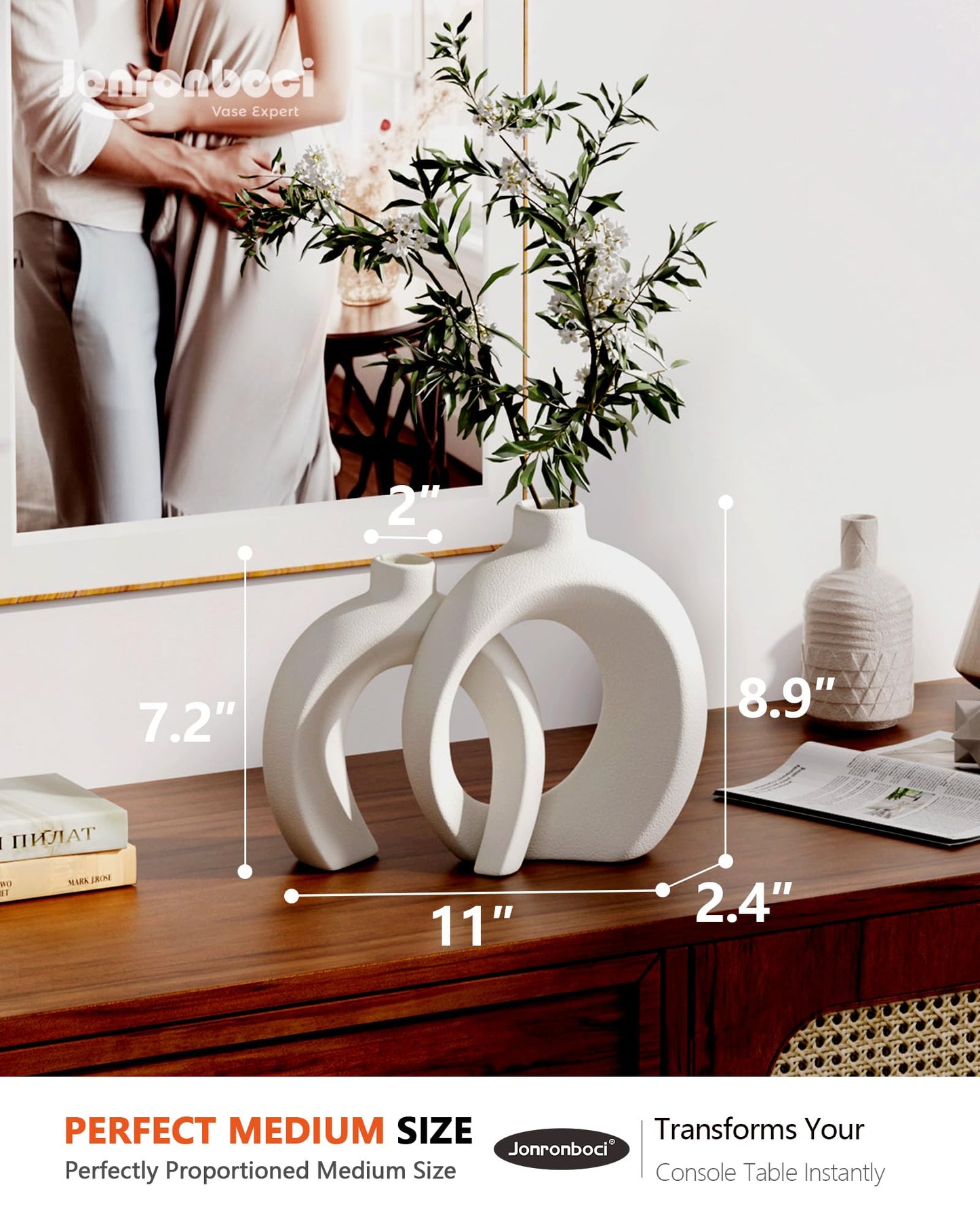 7.2″Hx8.9″H Donut Shape Decorative Vase Set of 2, Ceramic, Modern Minimalism Styles, Flowers or Plant Table Vases for Home Decor Living Room Shelf Entry Console Mantle Dining Centerpiece (Matte White)