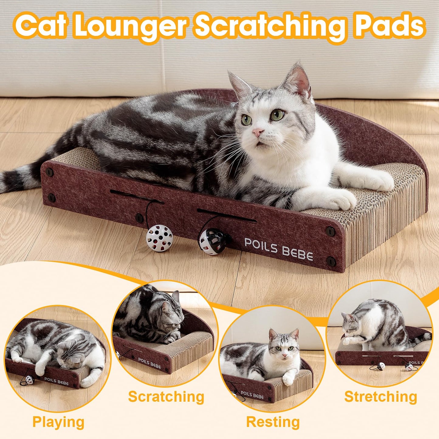 Poils Bebe 21 Inch Sofa Cat Scratcher, Small Cat Scratcher Cardboard with Bell Balls, Durable Couch Lounger for Indoor Cats, Cat Scratch Furniture Protector with Catnip, Cat Toys