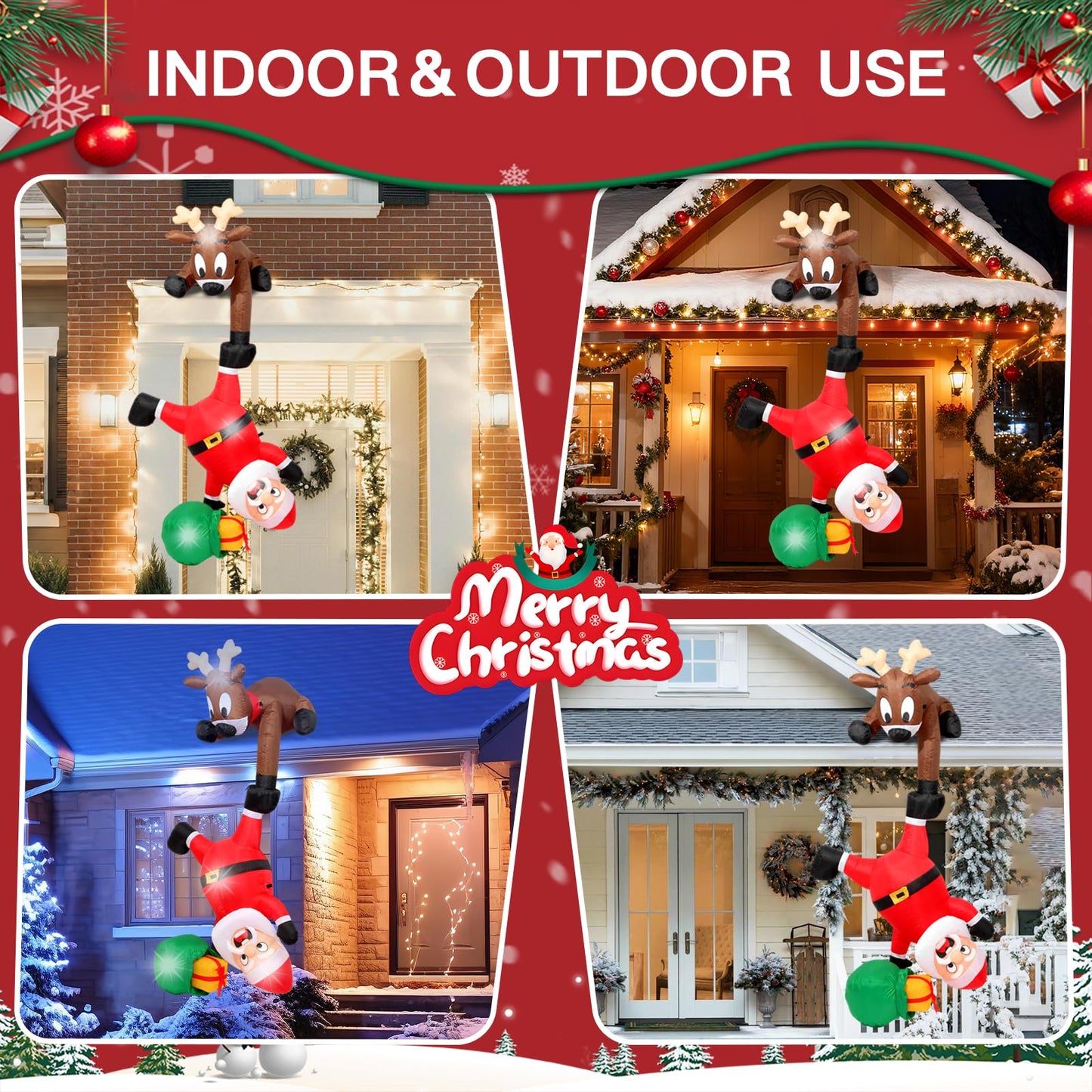 8FT Hanging Christmas Inflatables Decorations Outdoor,Blow Up Christmas Reindeer and Climbing Santa Claus with Built-in LEDs Lights for Indoor Holiday Party Yard Garden Lawn Décor
