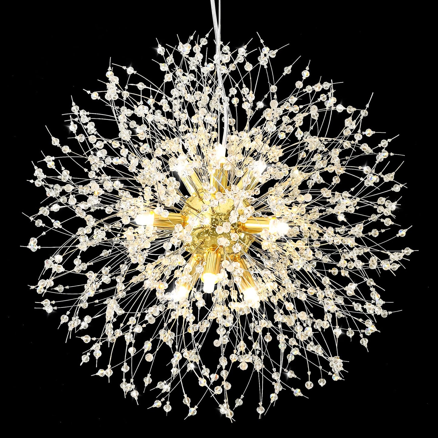 Qamra Modern Gold Crystal Chandeliers, Firework Dandelion Sputnik Chandelier Light Fixture Pendant Lighting for Dining Room, Bedroom, Kitchen, Living Room(9-Light, Gold)
