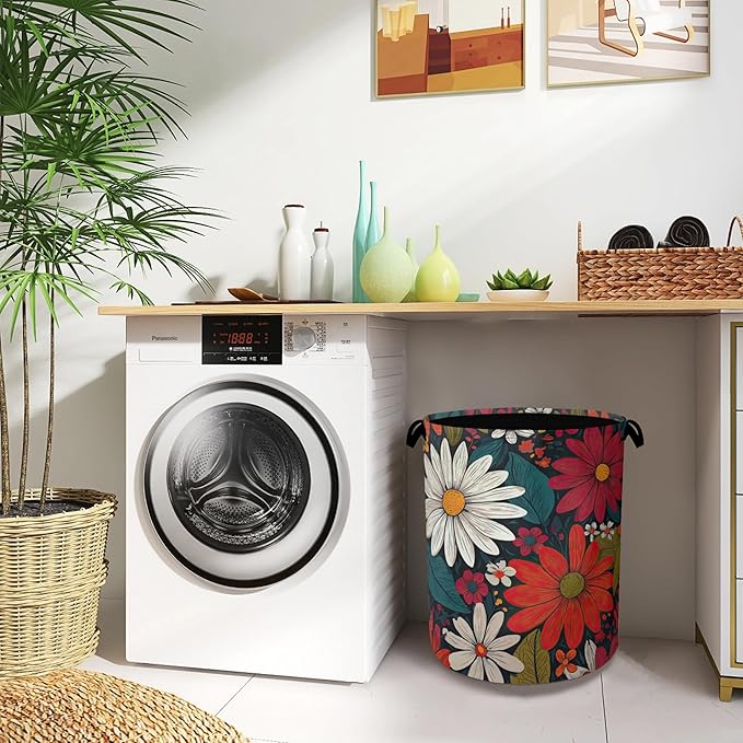 Retro Red Daisy Flowers Laundry Hamper, Dirty Clothes Laundry Basket