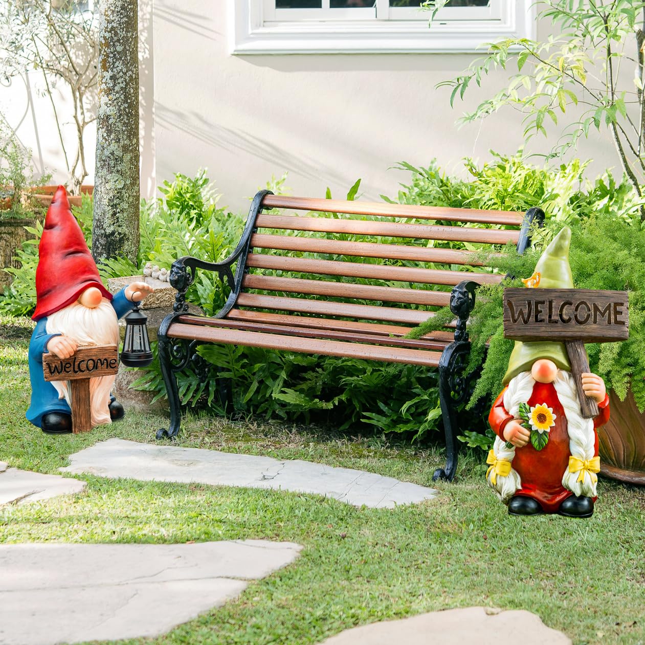 WONDHOME 22" Solar Large Gnome Garden Statue Big Gnome with Welcome Sign Outdoor Decor with LED Lantern Home Porch Yard Patio Lawn Ornament Christmas Housewarming Gardening Gift
