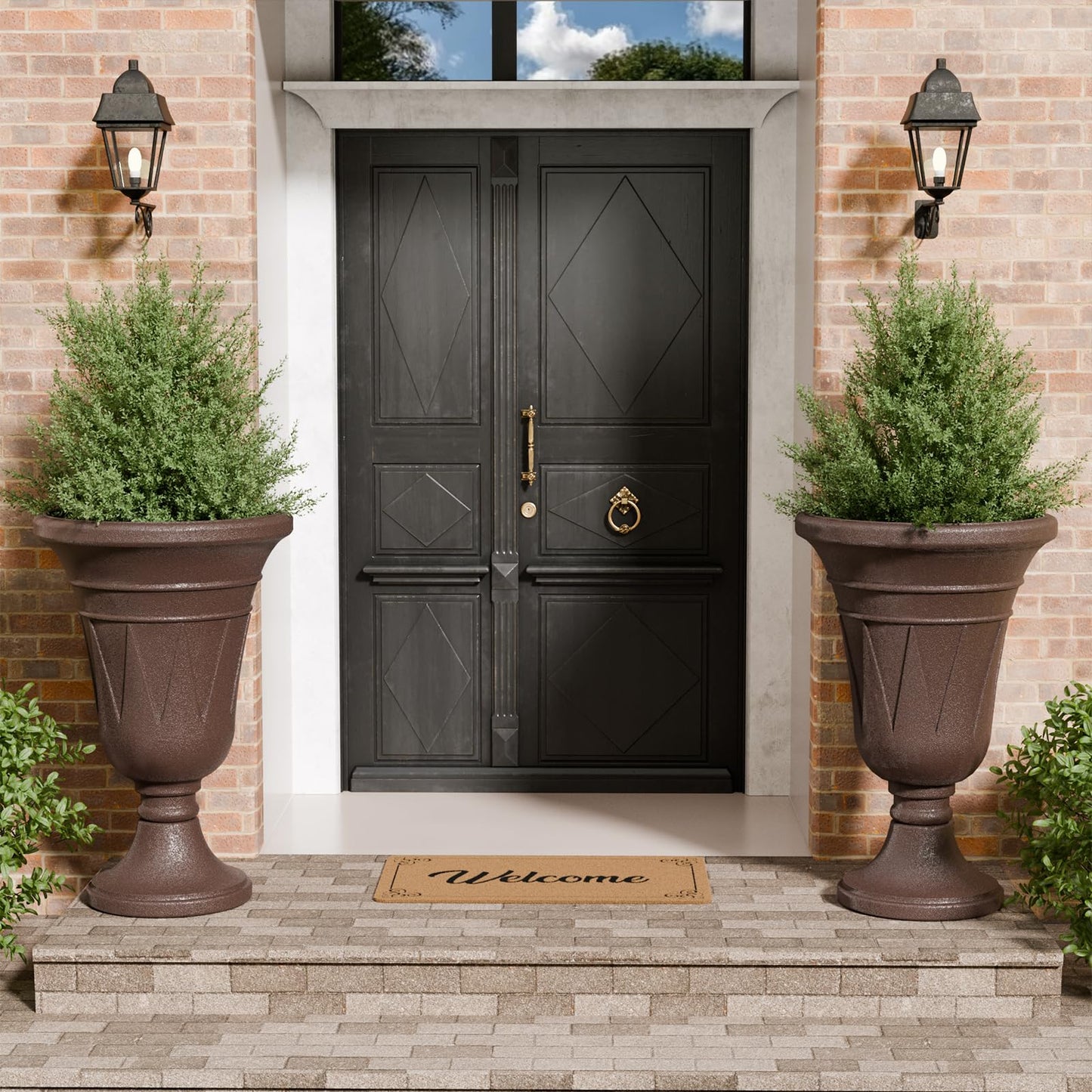 Trygoal 23.6" Tall Plastic Urn Planters for Outdoor Plants, Set of 2 Heavy-Duty Classic Indoor Large Flower Pots with Drainage Holes & Trophy Design, Outdoor Planters for Porch, Home Garden, Brown