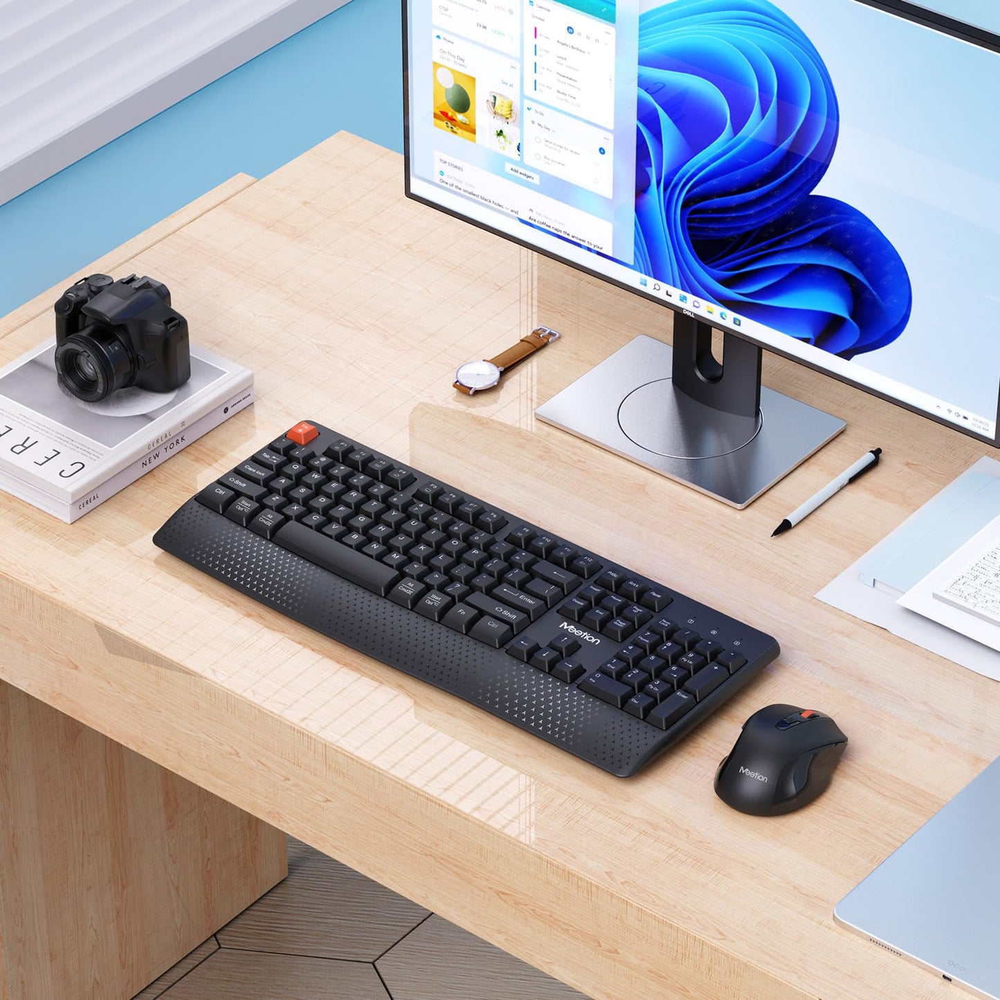 MEETION Wireless Keyboard and Mouse, Full-Sized Cordless Keyboard with Wrist Rest and 3 DPI Adjustable Mouse, Keyboard and Mouse Set with 2.4GHz USB Receiver, for PC/Computer/Laptop/Windows/Mac, Pink