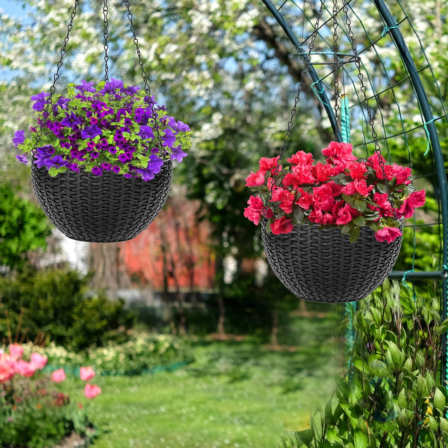 Foraineam 4 Pack Black Hanging Planters, 8.2 inch Hanging Flower Basket Planter Pots, Garden Plant Pot Container, Balcony Patio Hanging Basket Planters with Drainage Hole for Indoor and Outdoor Use