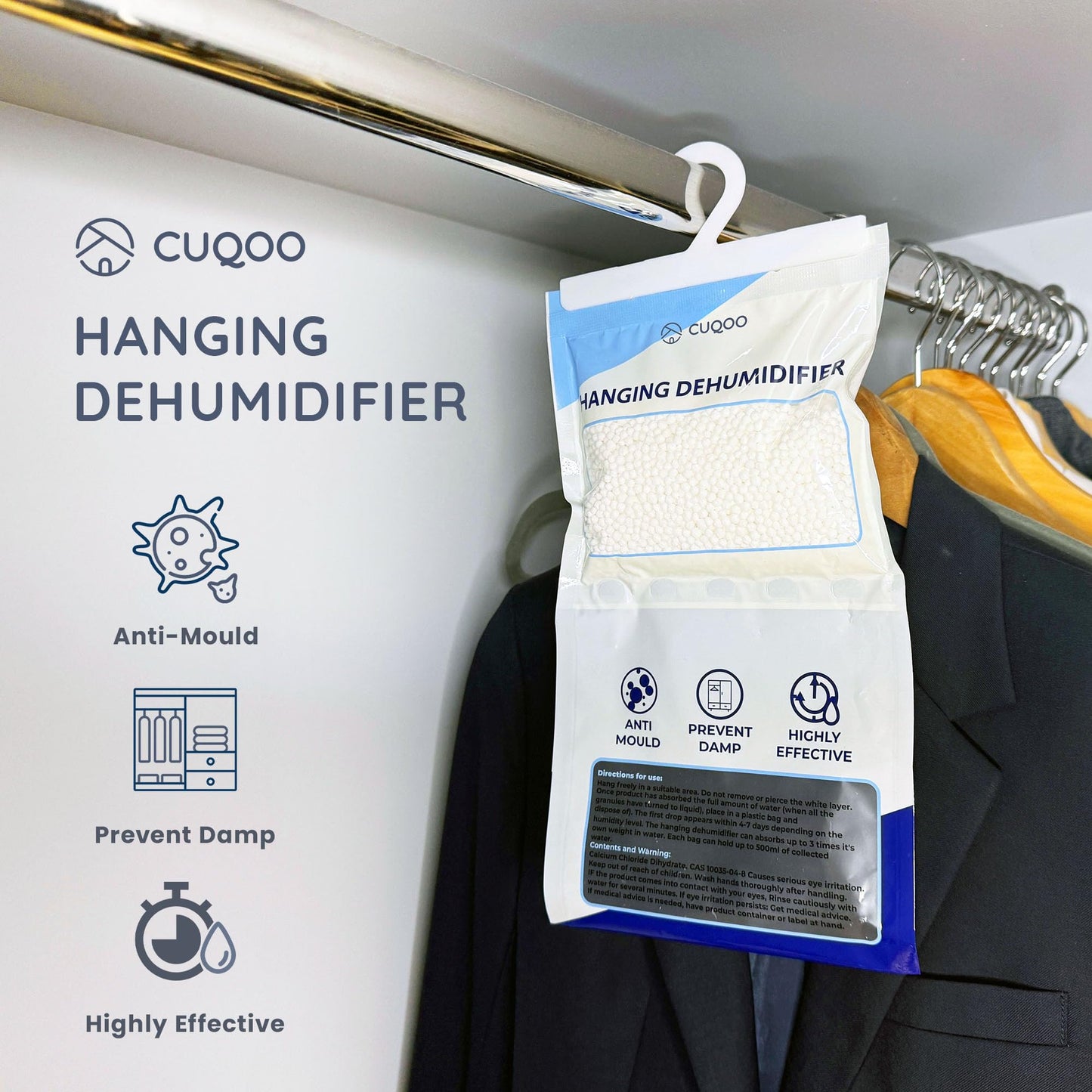 CUQOO Hanging Wardrobe Dehumidifier Bags โ Disposable Moisture Absorber 12-Pack Sachets for Wardrobes; Hanging Dehumidifier Bag for Closet, Windows & Home Condensation Absorbers