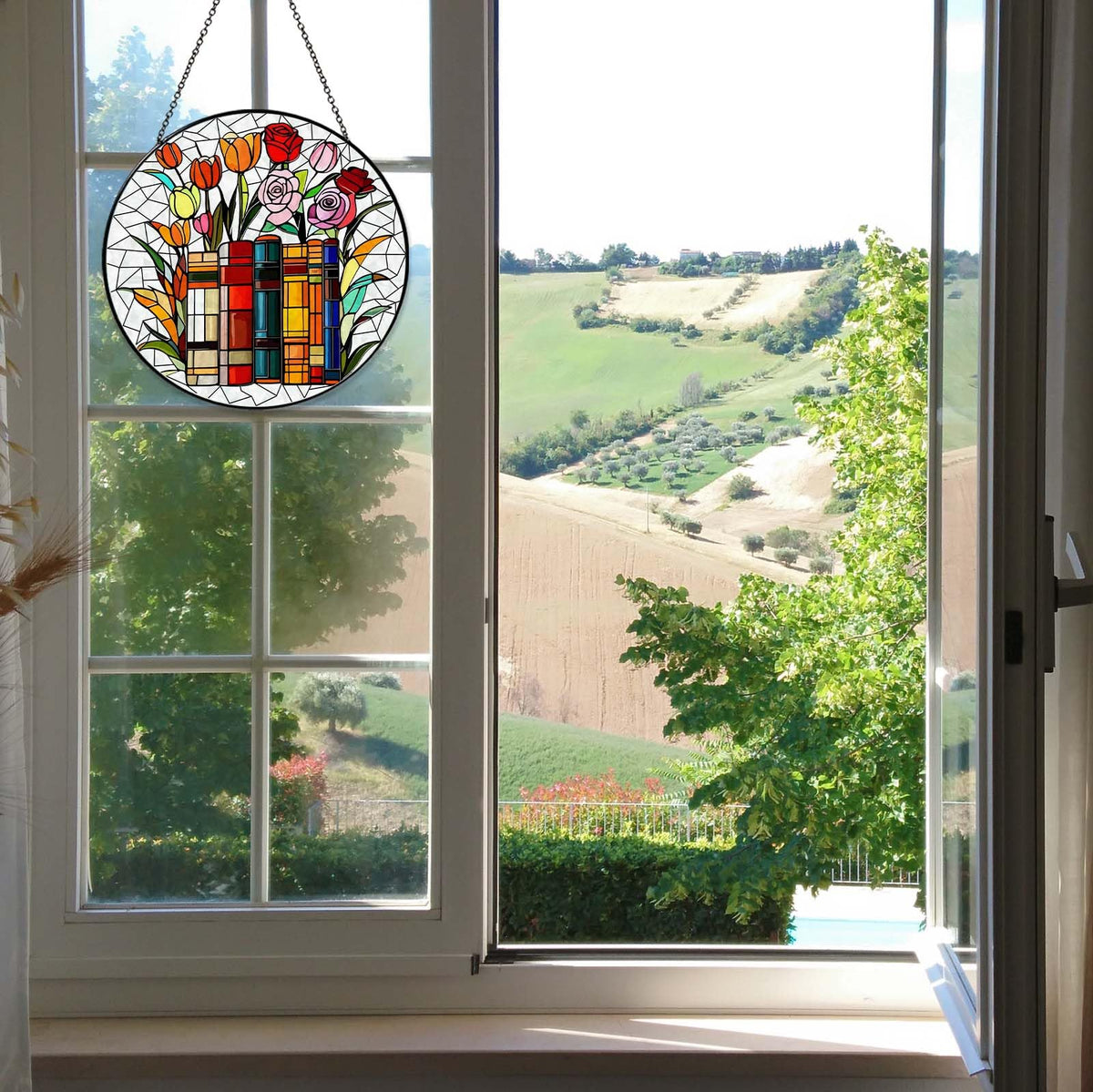 RVEAFA Flower Book Stained Glass Window Hanging 6'' Sun Catcher Book Club Lover Gifts for Women Reading Room Decor Handmade SunCatcher Decoration for Garden Home Bookish Library Decor
