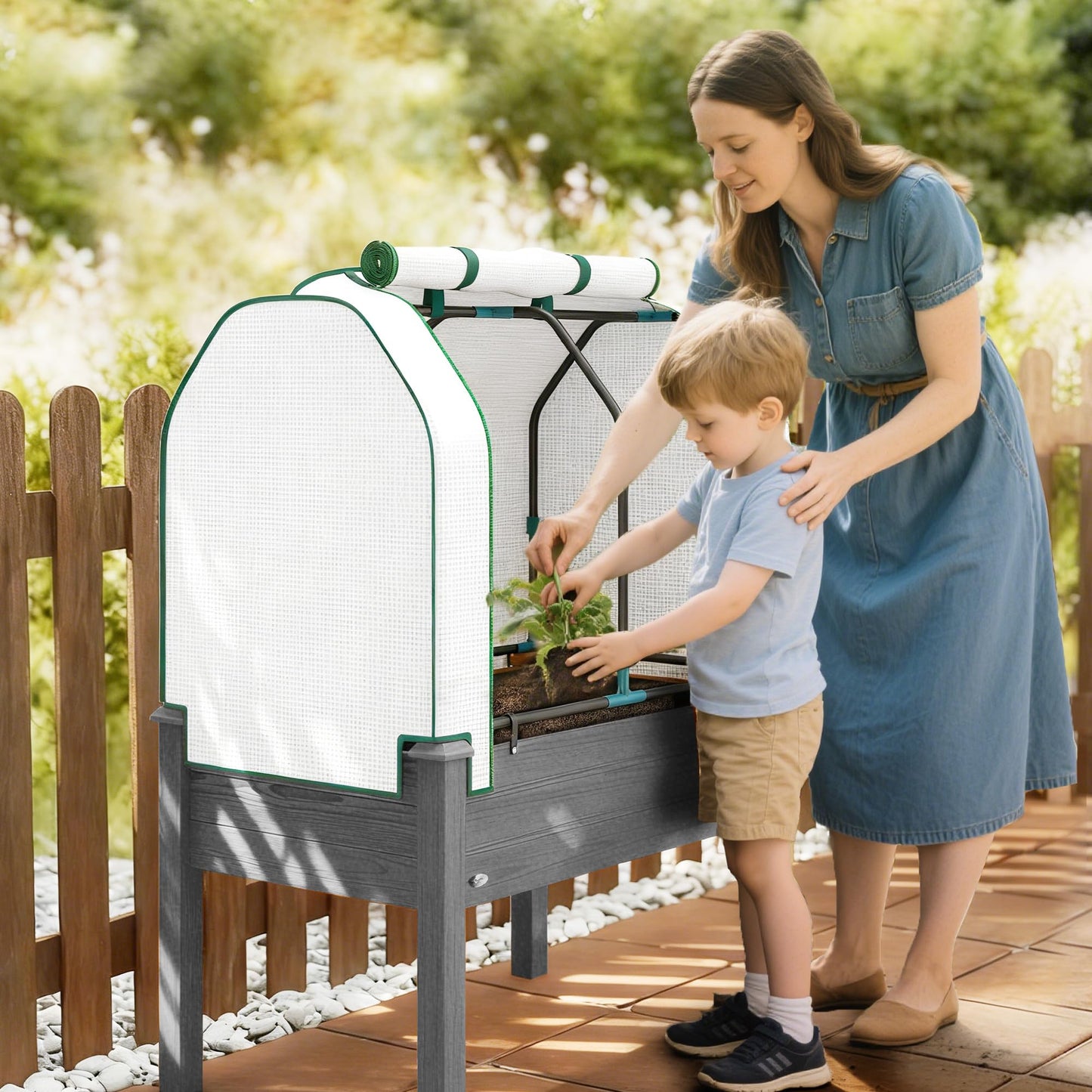 Outsunny Raised Garden Bed with PE Greenhouse Cover Outdoor Elevated Wood Planter Box for Herbs and Vegetables, Use for Patio, Backyard, Balcony, 35 x 22 x 47 inch, Dark Gray