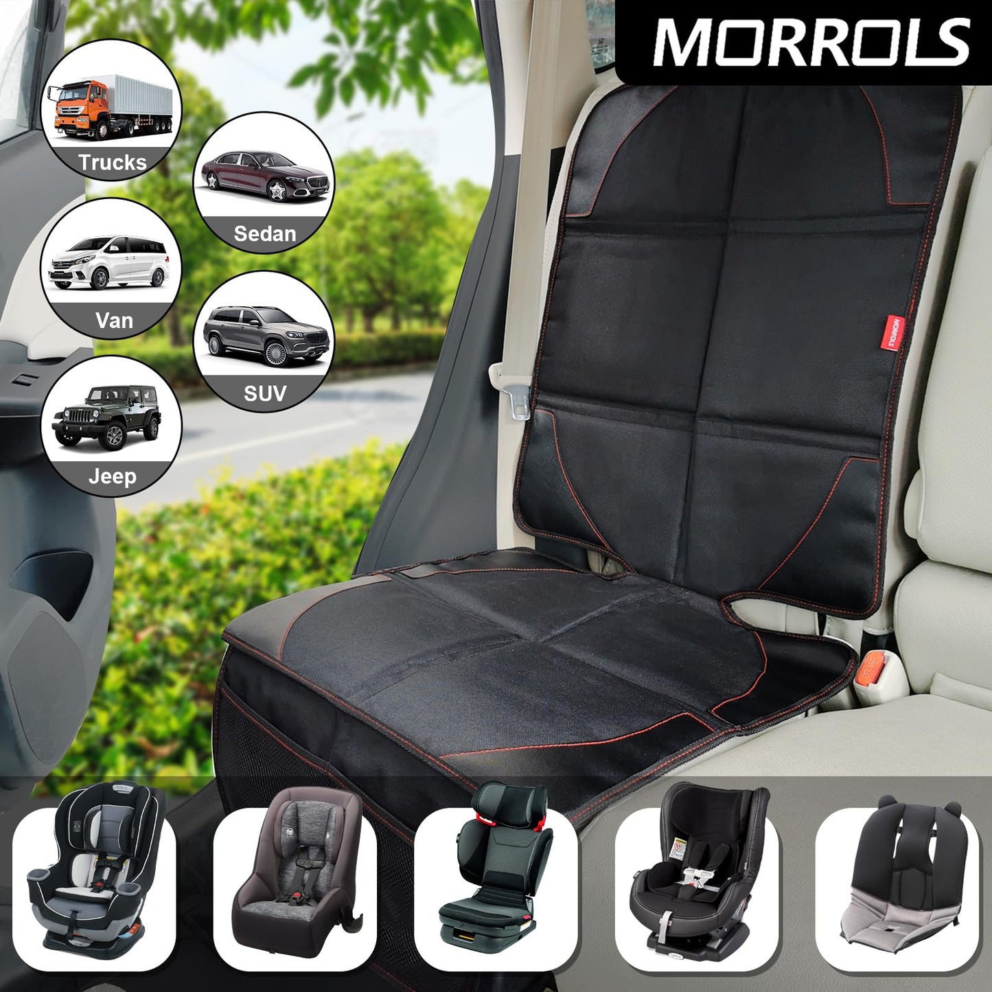 MORROLS Car Seat Protectors For Child Car Seats,1 Pack Waterproof Leather Seats Protectors With Non-Slip Bottom Large Mesh Pockets Leather And Fabric Car Seats For SUV, Sedan, Trunk