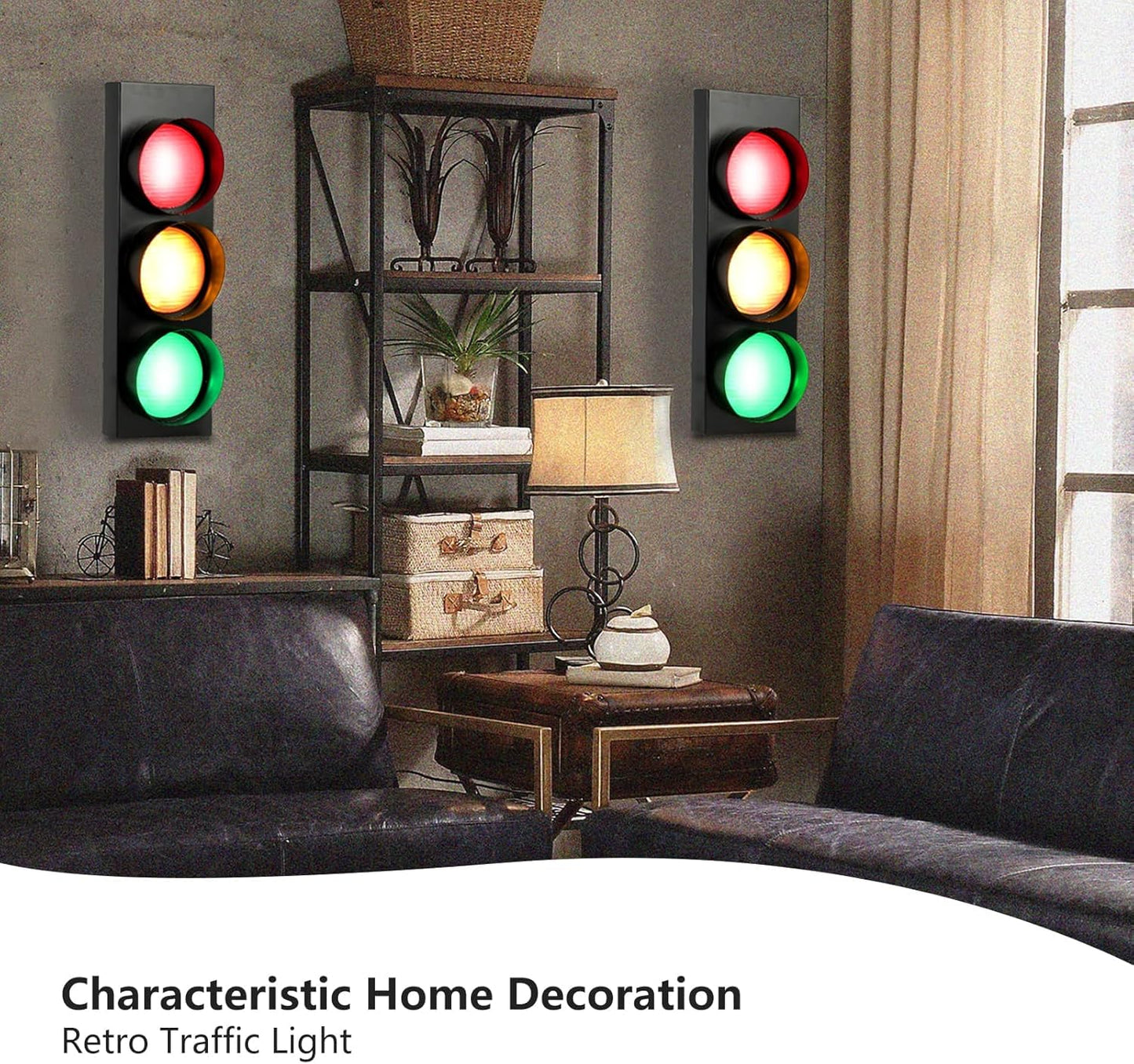 HOMIER Traffic Light Wall Lamp, Retro Style Traffic LED Lamp with Remote Control, Fun Room Stop Light Decor for Children's Day, Classroom, Kids Bedroom, Club, Bar, Pub (1-Side 3-Light (2PCS))