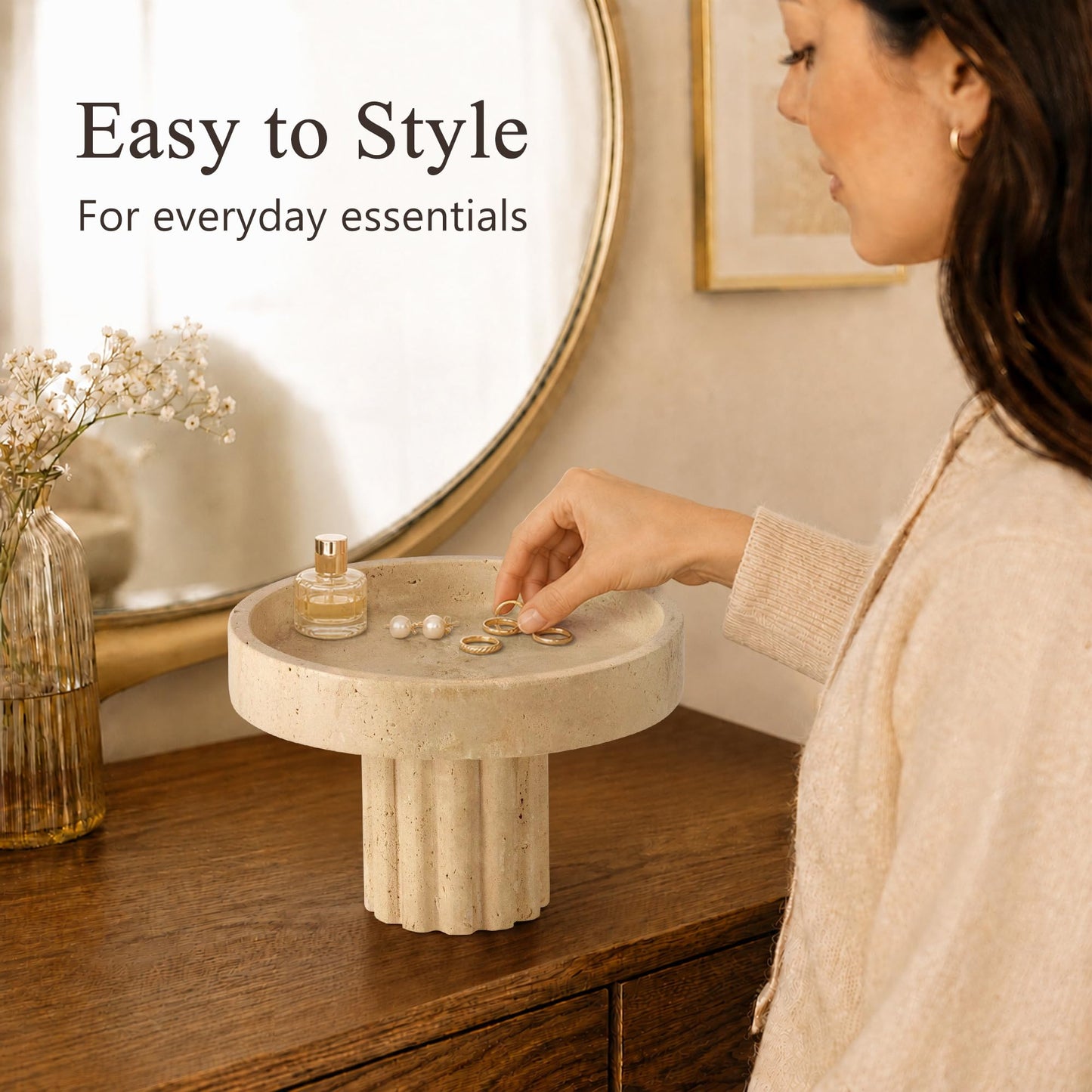 YMXYJM,Travertine Decorative Tray,Pedestal Display Stand,Beige