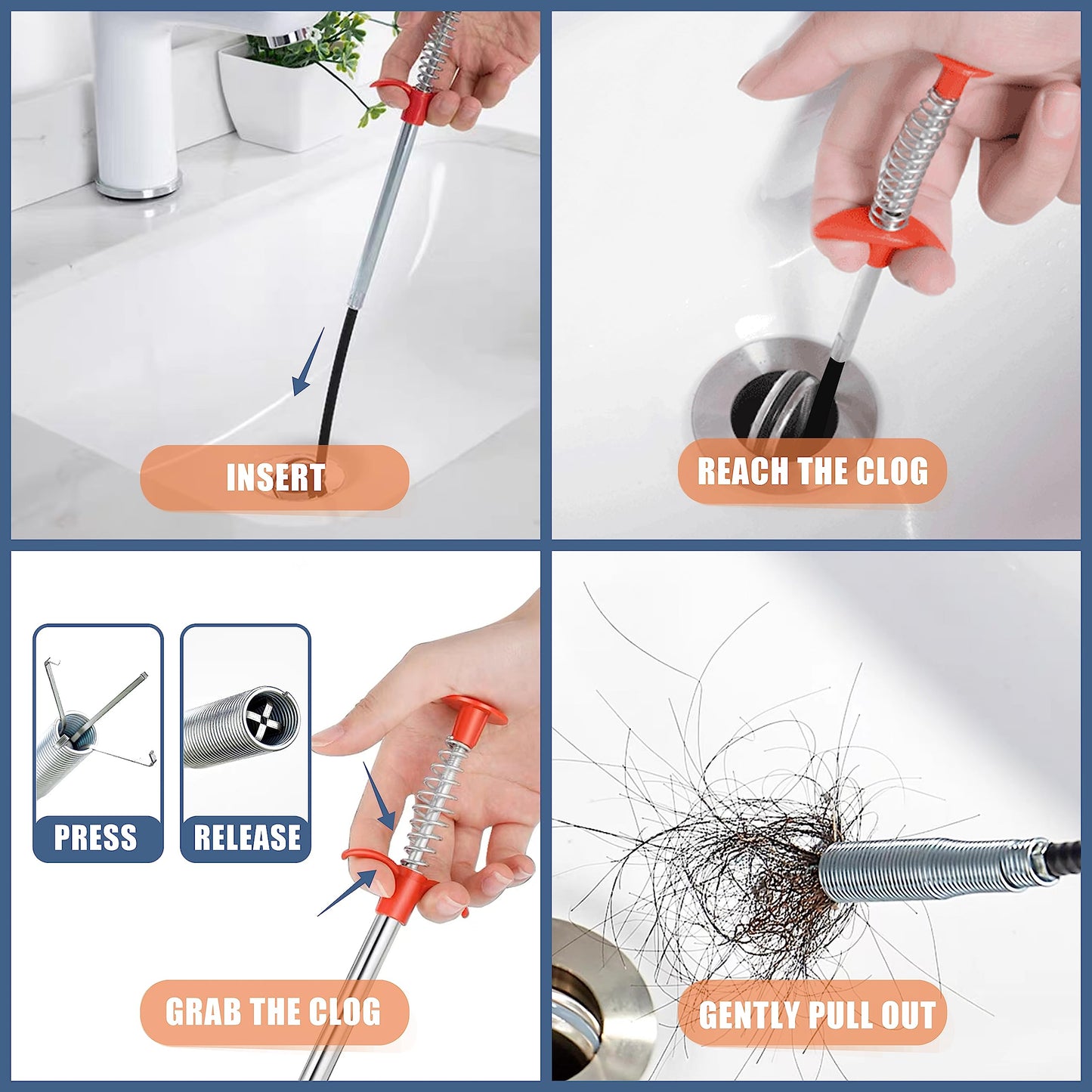 35.5inch Drain Clog Remover(1pcs), 25inch Drain Snake Hair Remover(6pcs) & Cleaning Brush(2pcs), Hair Catcher Drain Auger Cleaner Tool Set For Toilet, Kitchen Sink, Bathroom Tub, Sewer, 9 Pack