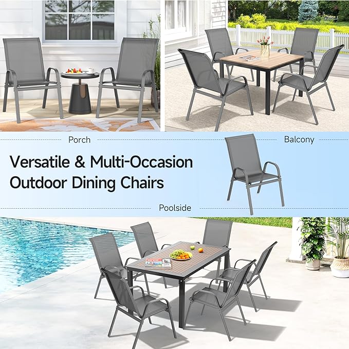ONBRILL Patio Chairs set of 2, Easy Assembly Stackable Outdoor Dining Chairs with Wide Seat and Sturdy Metal Frame, Breathable All Weather Textilene Outdoor Chairs Set of 2 for Deck, Pool, Porch, Grey